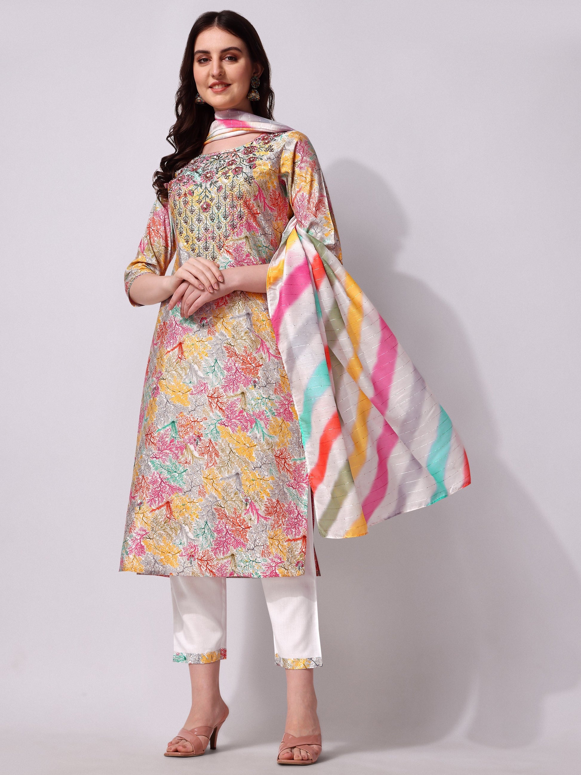 Multicolor Embroidered Kurta Pant & Printed Dupatta Set, Multicolor - Hiral Fashion