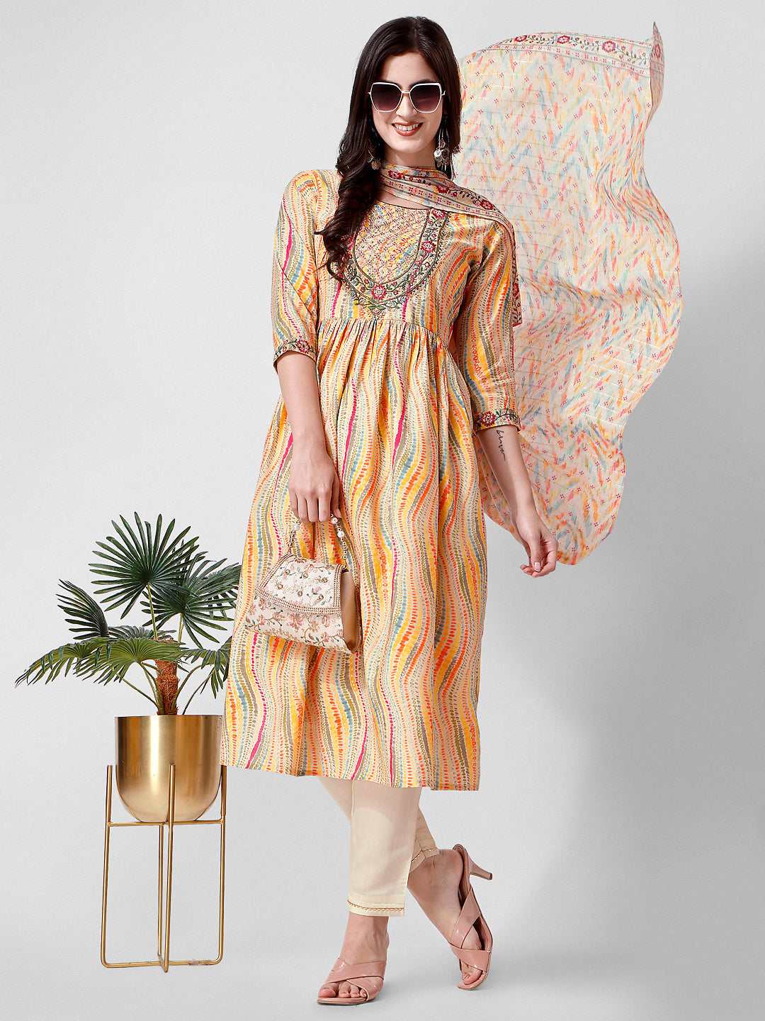 Nayra Cut Embroidered Kurta With Pant And Dupatta Set, Multicolor - Hiral Fashion
