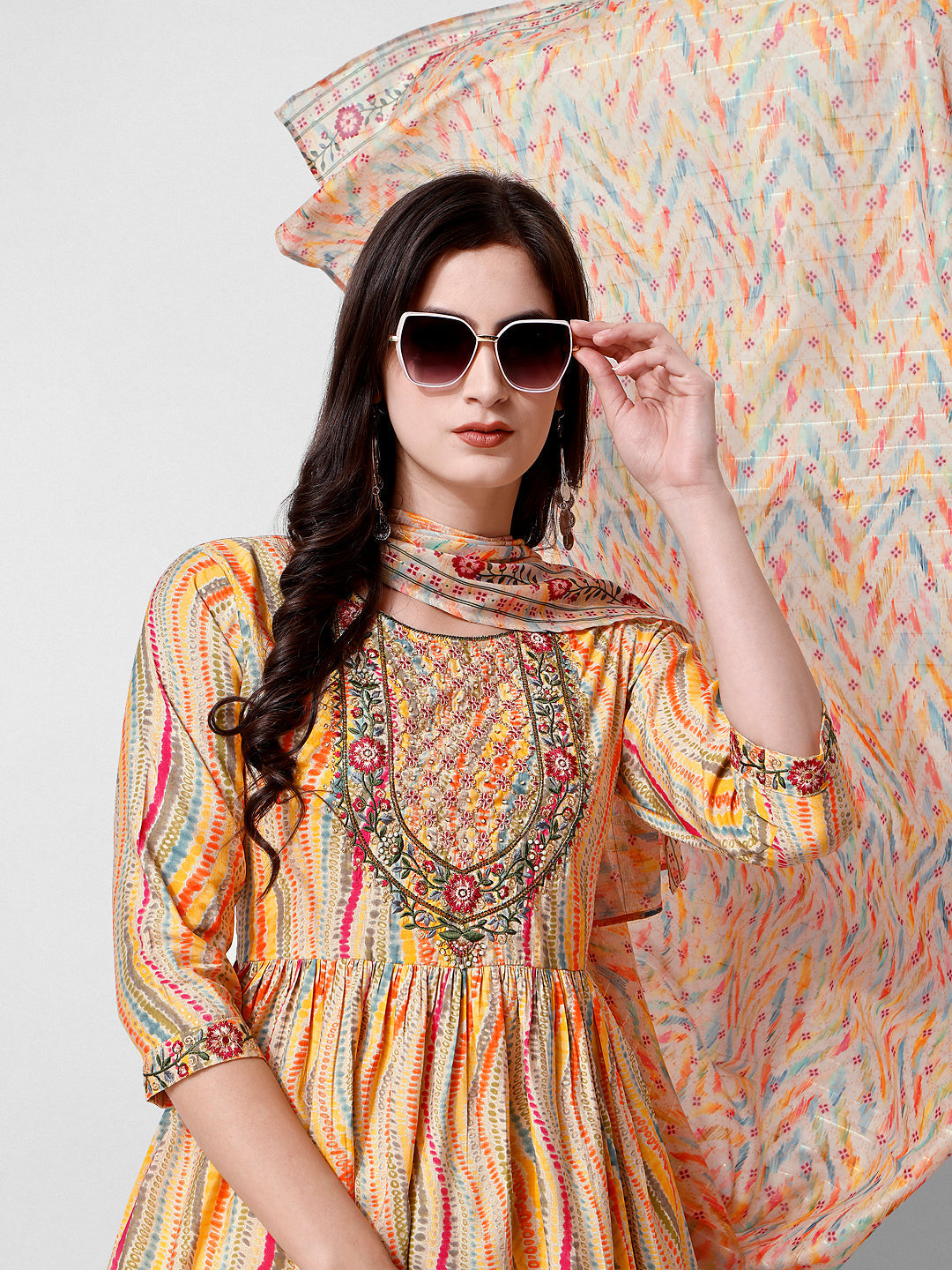 Nayra Cut Embroidered Kurta With Pant And Dupatta Set, Multicolor - Hiral Fashion