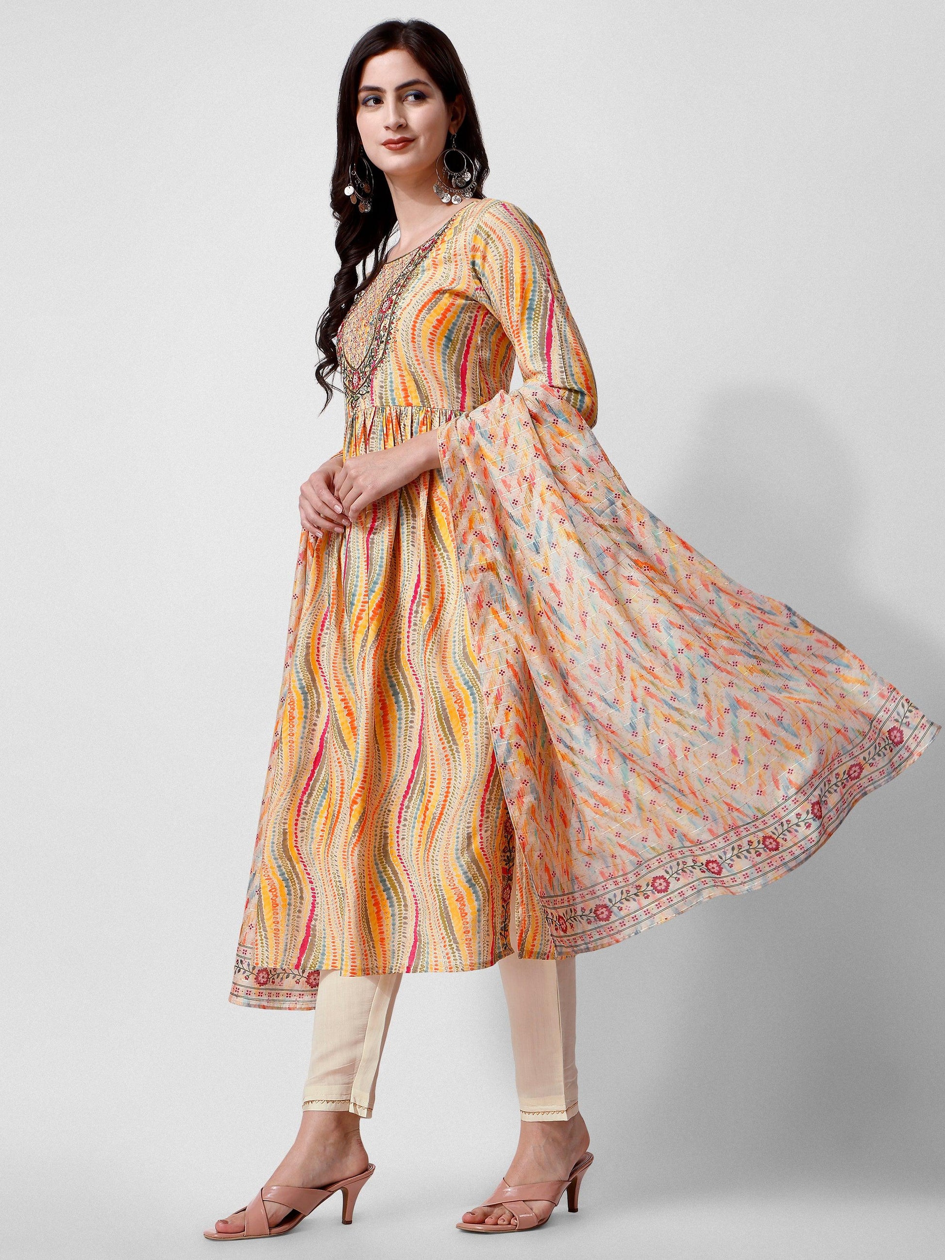 Nayra Cut Embroidered Kurta With Pant And Dupatta Set, Multicolor - Hiral Fashion