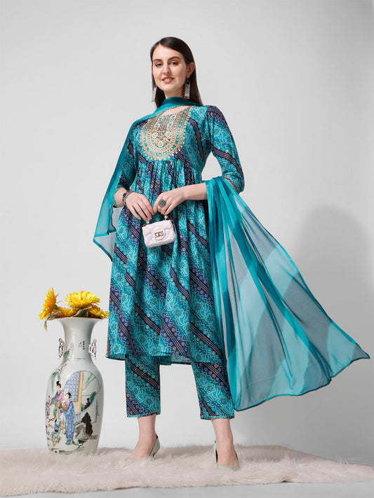 Embroidered & Printed Kurta With Pant And Dupatta Set, Multicolor - Hiral Fashion