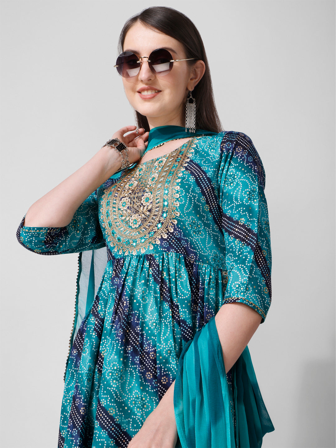 Embroidered & Printed Kurta With Pant And Dupatta Set, Multicolor - Hiral Fashion