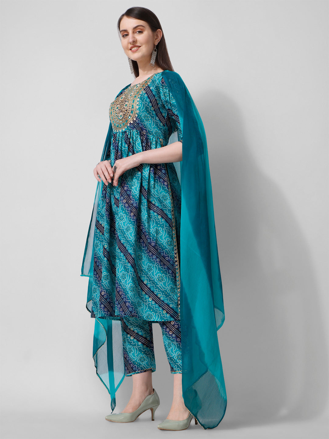 Embroidered & Printed Kurta With Pant And Dupatta Set, Multicolor - Hiral Fashion