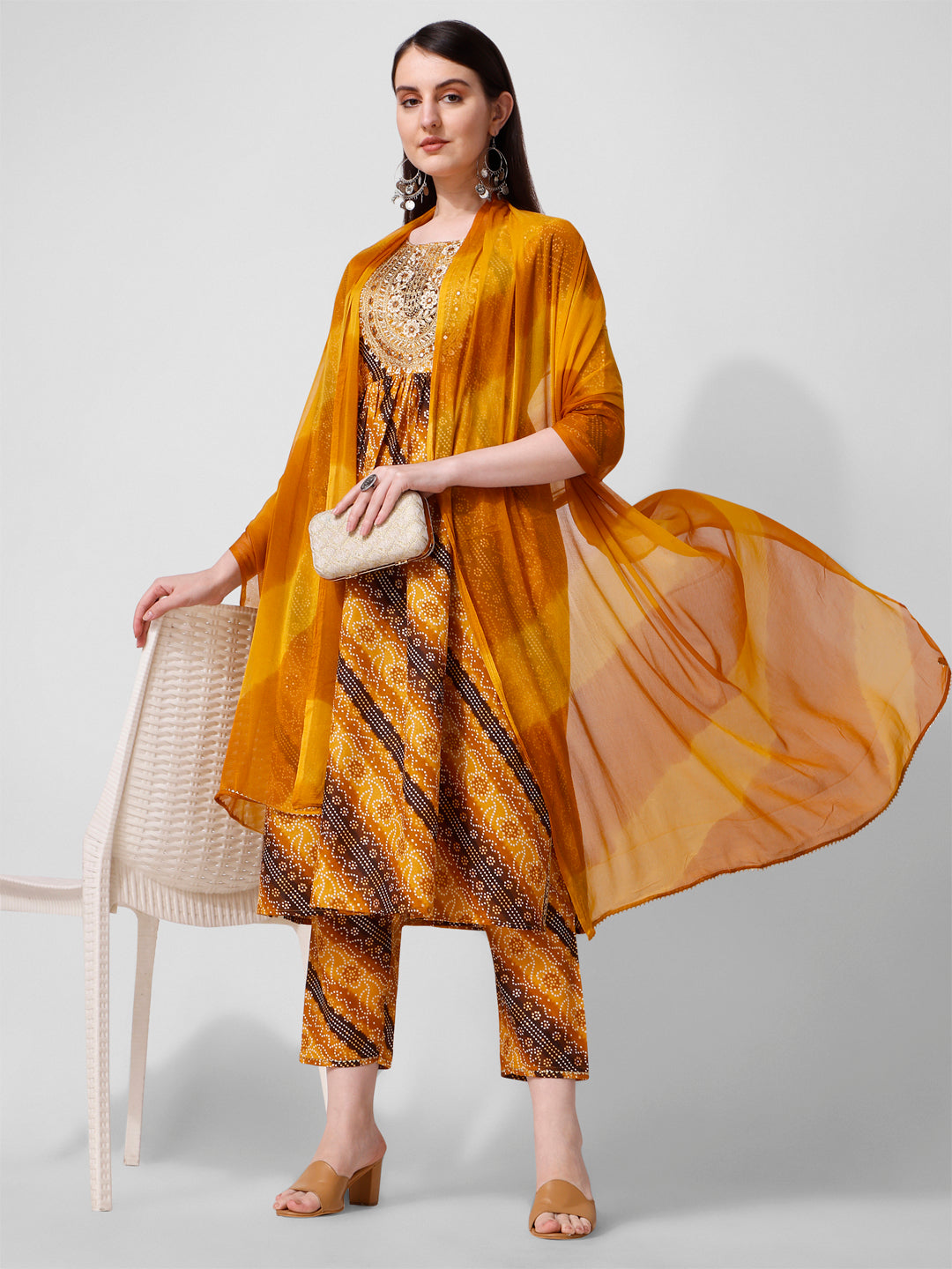 Embroidered & Printed Kurta With Pant And Dupatta Set, Multicolor - Hiral Fashion