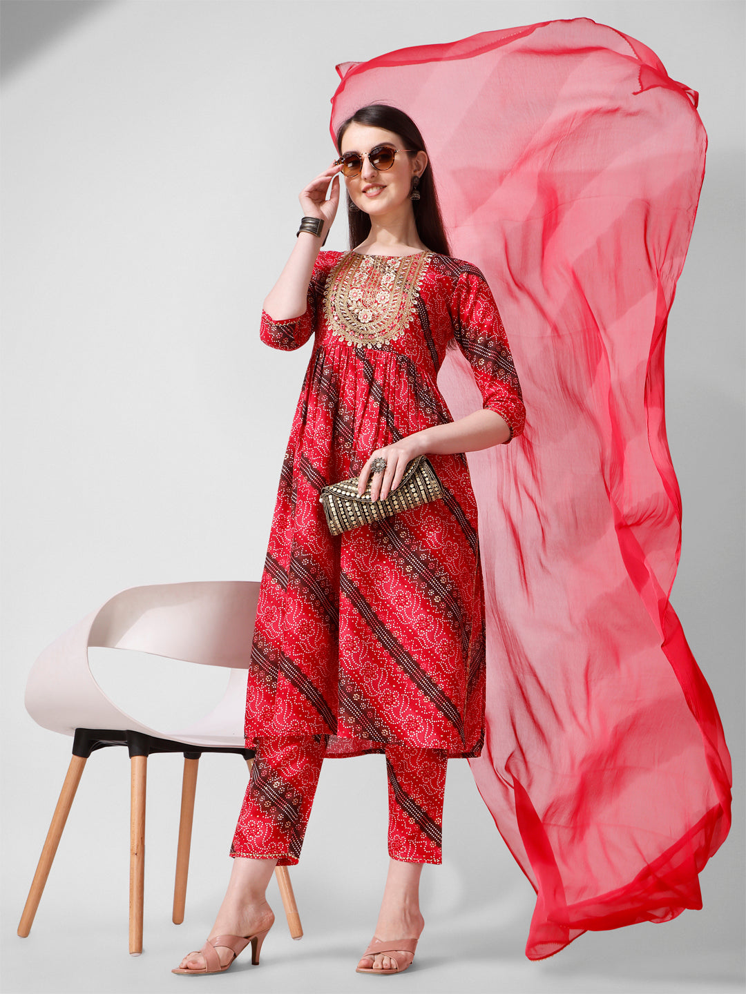 Embroidered & Printed Kurta With Pant And Dupatta Set, Multicolor - Hiral Fashion