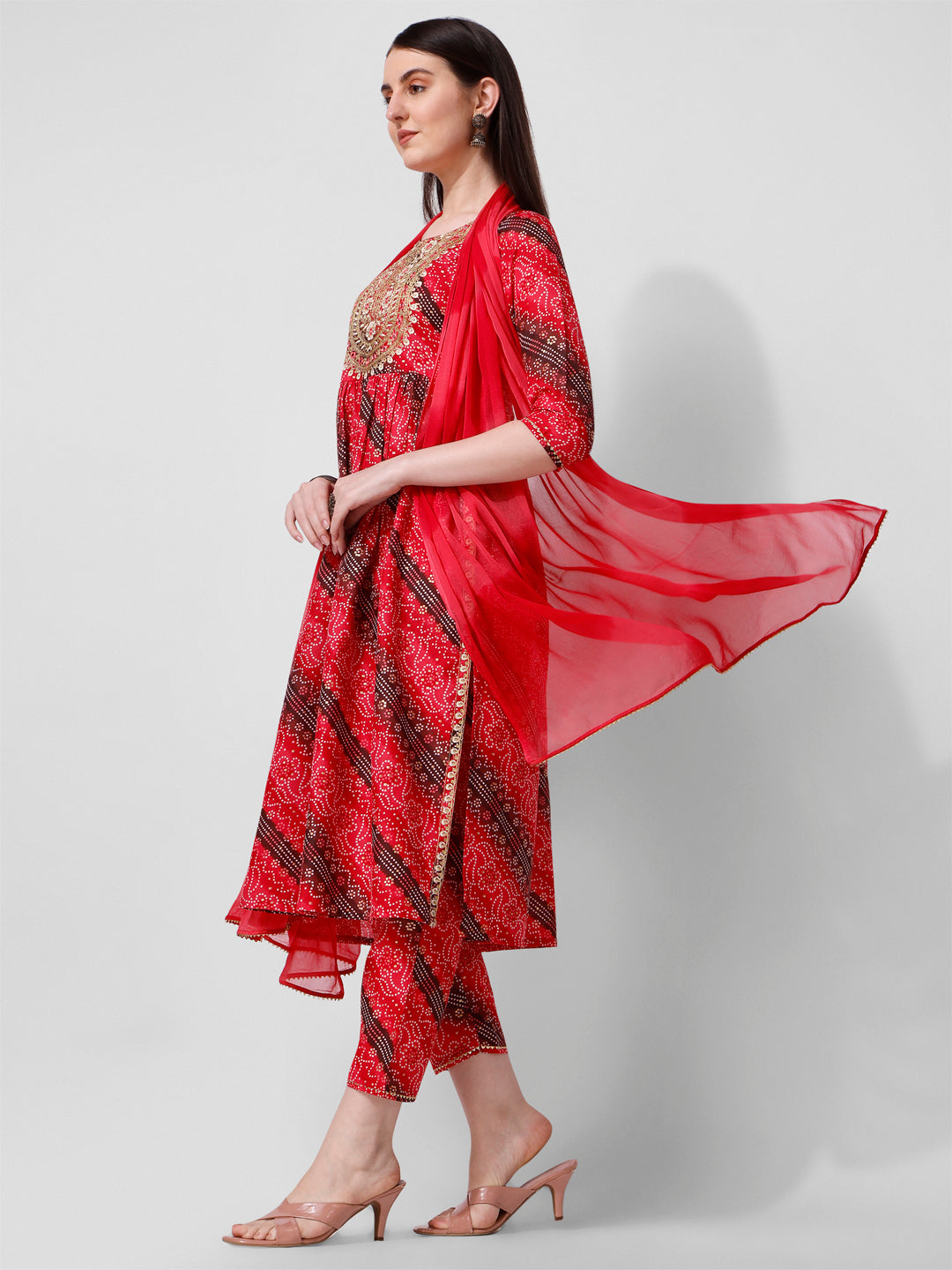 Embroidered & Printed Kurta With Pant And Dupatta Set, Multicolor - Hiral Fashion