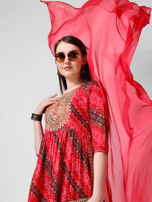 Embroidered & Printed Kurta With Pant And Dupatta Set, Multicolor - Hiral Fashion