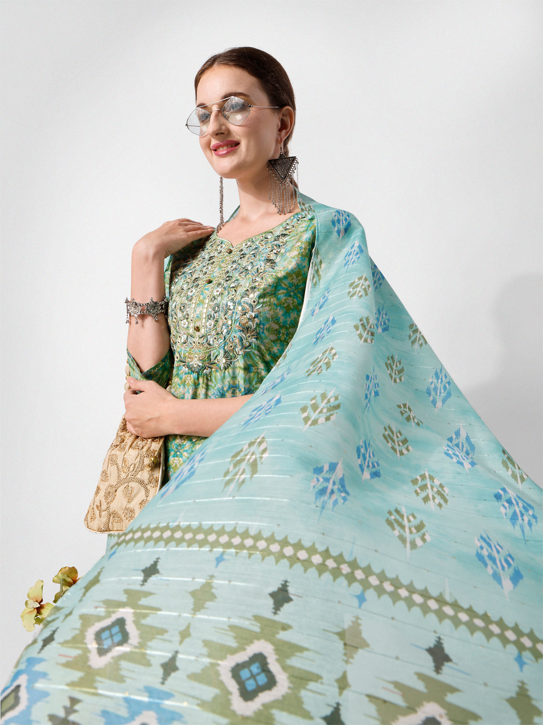 Printed And Embroidered Kurta With Pant And Dupatta Set, Multicolor - Hiral Fashion