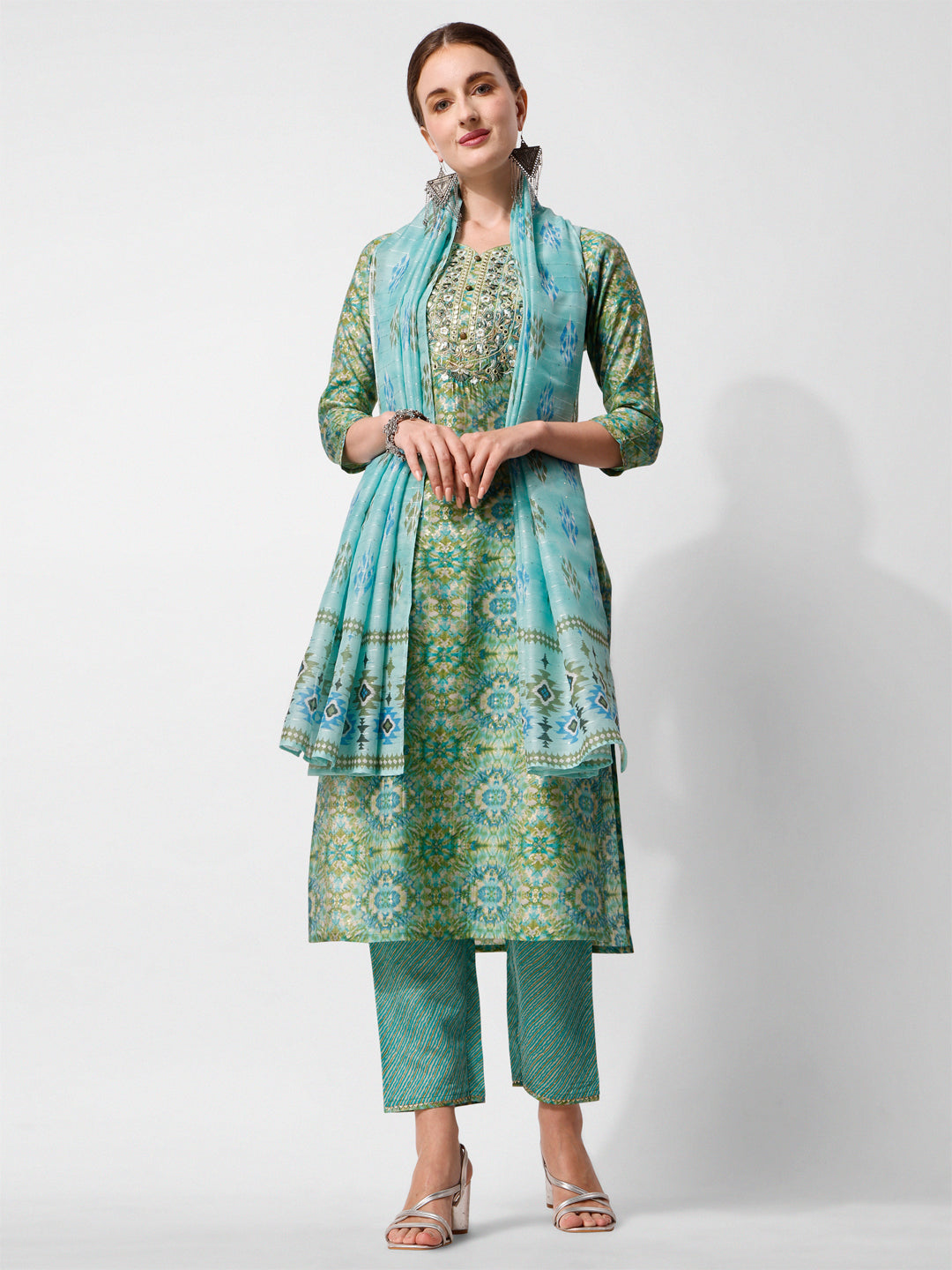 Printed And Embroidered Kurta With Pant And Dupatta Set, Multicolor - Hiral Fashion