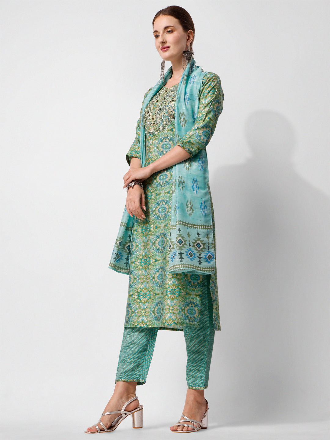 Printed And Embroidered Kurta With Pant And Dupatta Set, Multicolor - Hiral Fashion