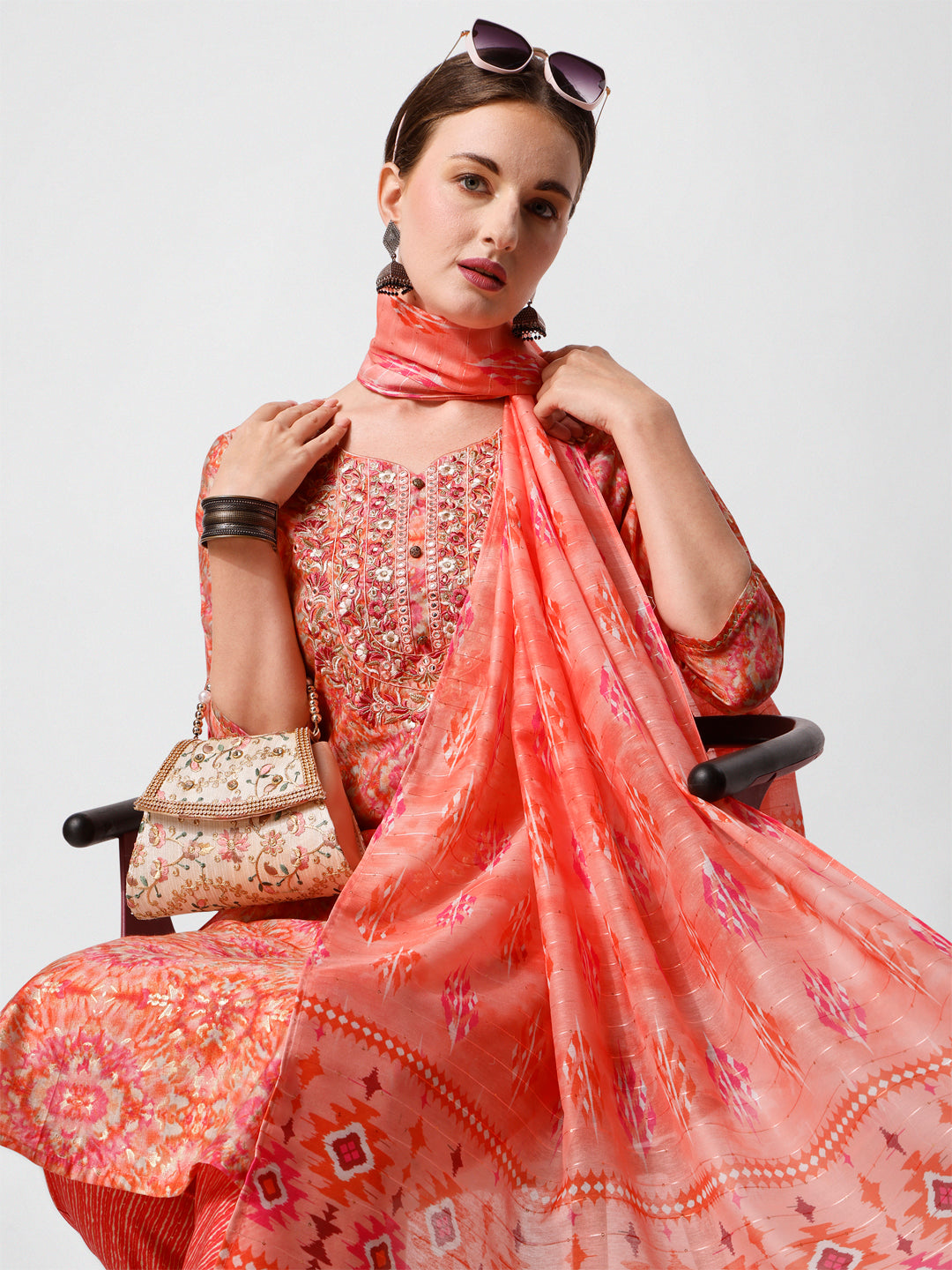 Printed And Embroidered Kurta With Pant And Dupatta Set, Multicolor - Hiral Fashion