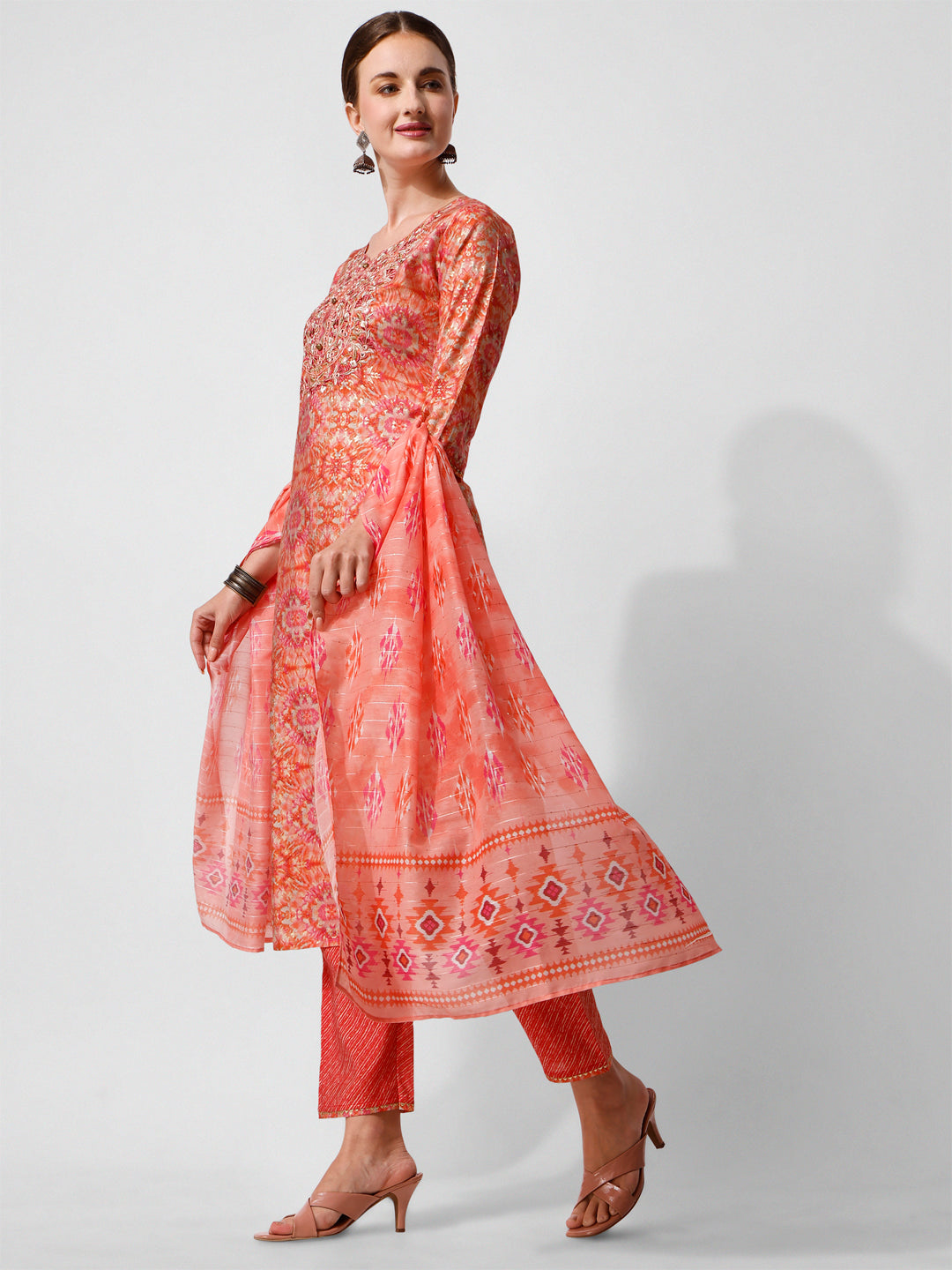 Printed And Embroidered Kurta With Pant And Dupatta Set, Multicolor - Hiral Fashion