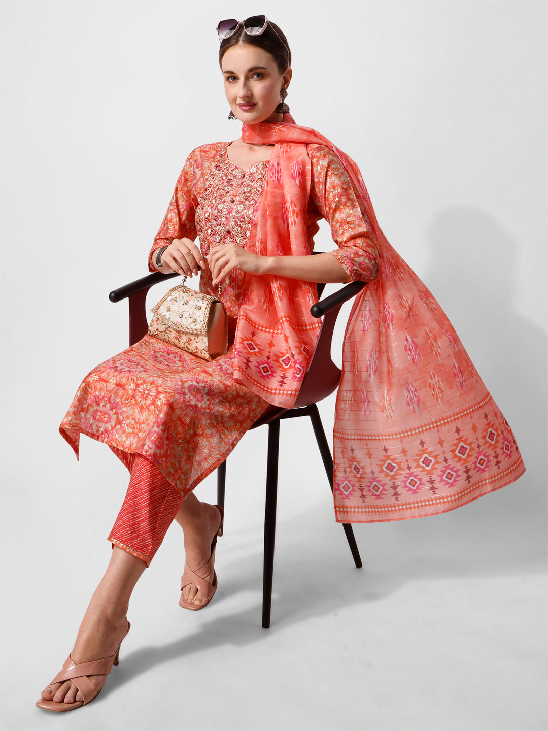 Printed And Embroidered Kurta With Pant And Dupatta Set, Multicolor - Hiral Fashion