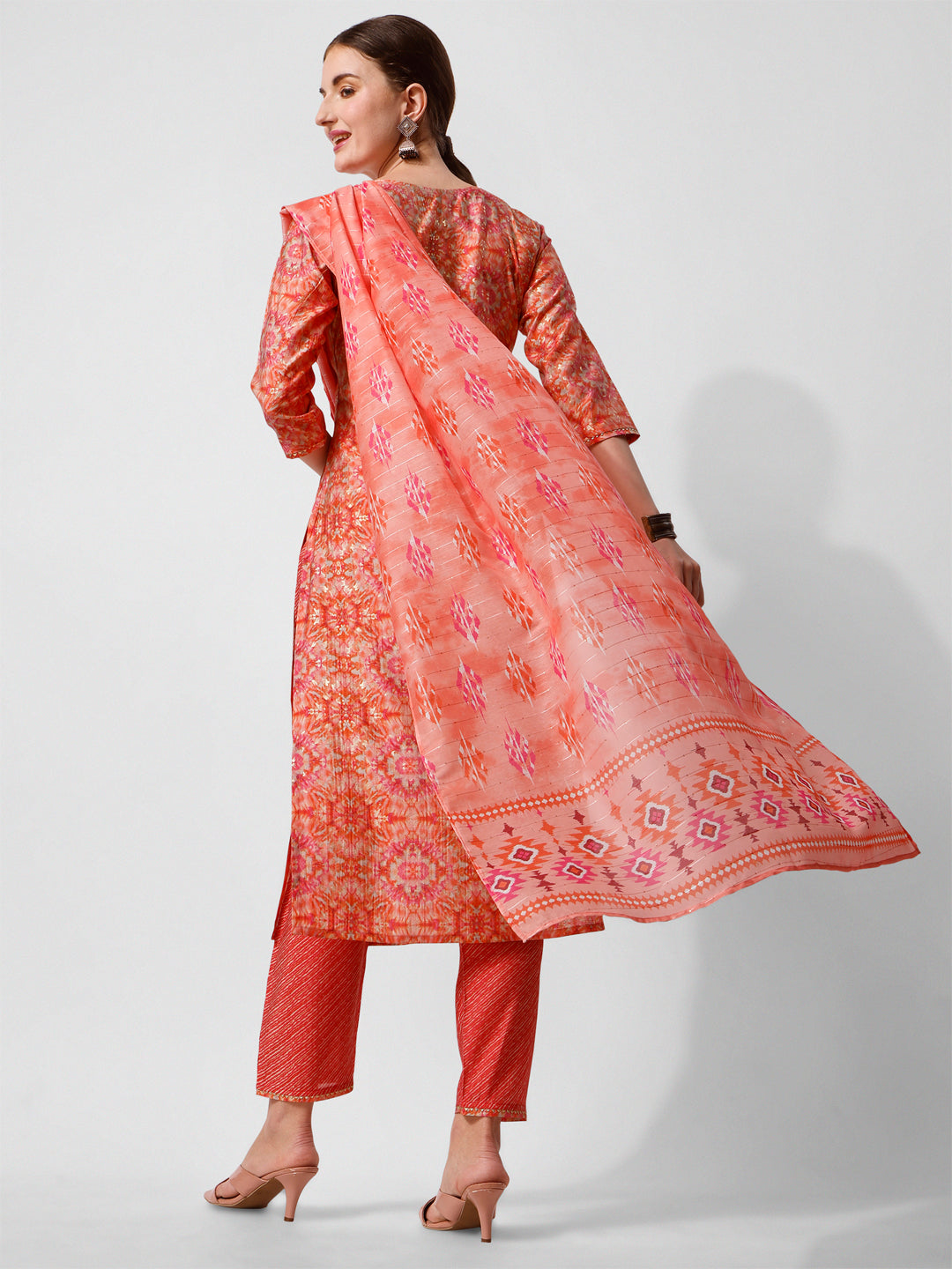Printed And Embroidered Kurta With Pant And Dupatta Set, Multicolor - Hiral Fashion