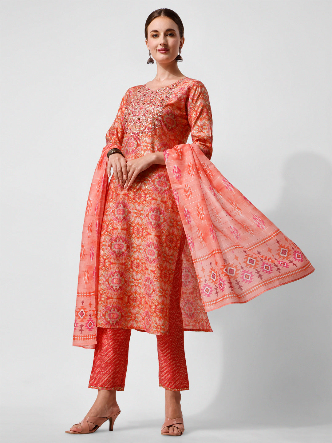 Printed And Embroidered Kurta With Pant And Dupatta Set, Multicolor - Hiral Fashion