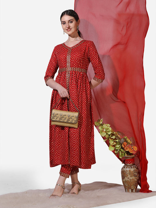 Printed & Embroidered Kurta With Pant & Dupatta Set, Multicolor - Hiral Fashion