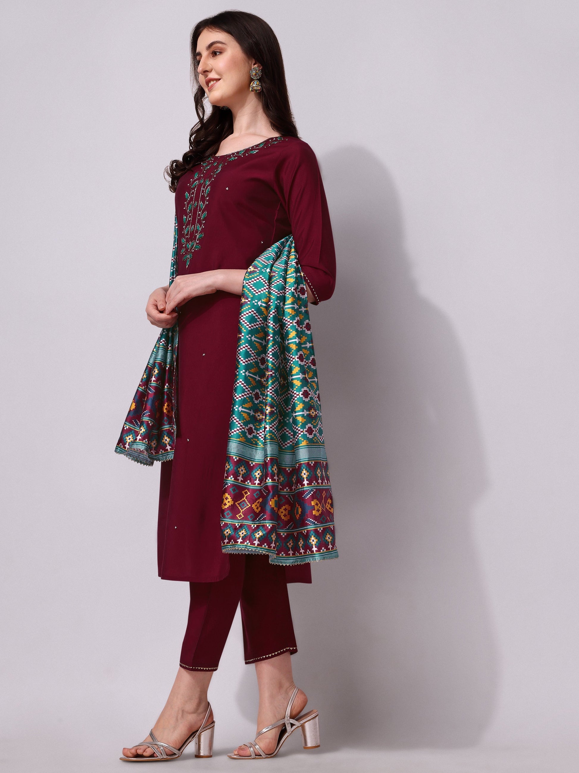 Embroidered Kurta With Pant And Dupatta Set, Multicolor - Hiral Fashion