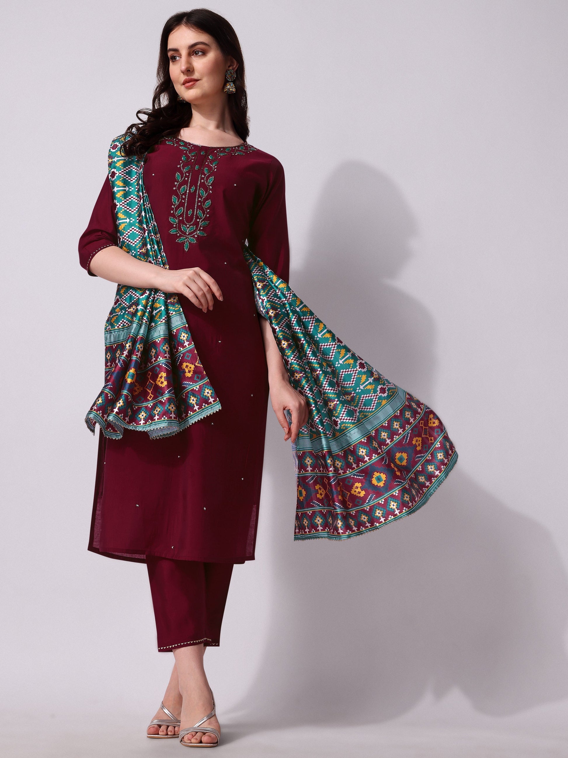 Embroidered Kurta With Pant And Dupatta Set, Multicolor - Hiral Fashion
