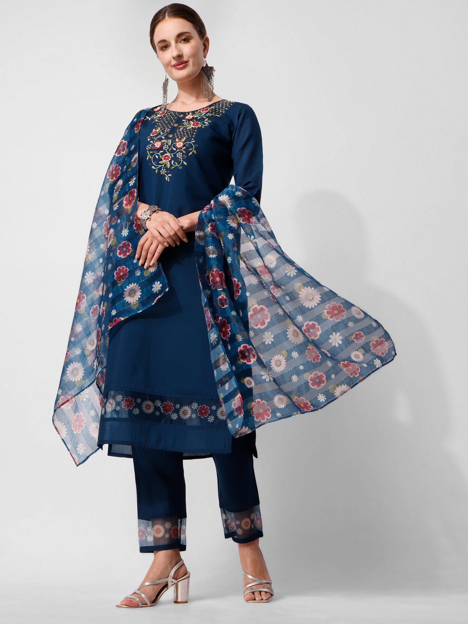 Embroidered Blue Kurta With Pant And Printed Dupatta Set, Multicolor - Hiral Fashion