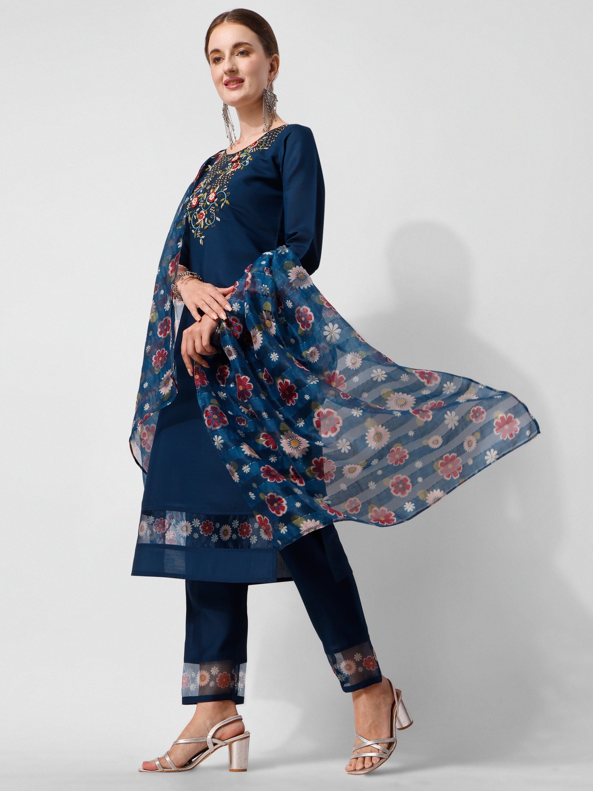 Embroidered Blue Kurta With Pant And Printed Dupatta Set, Multicolor - Hiral Fashion