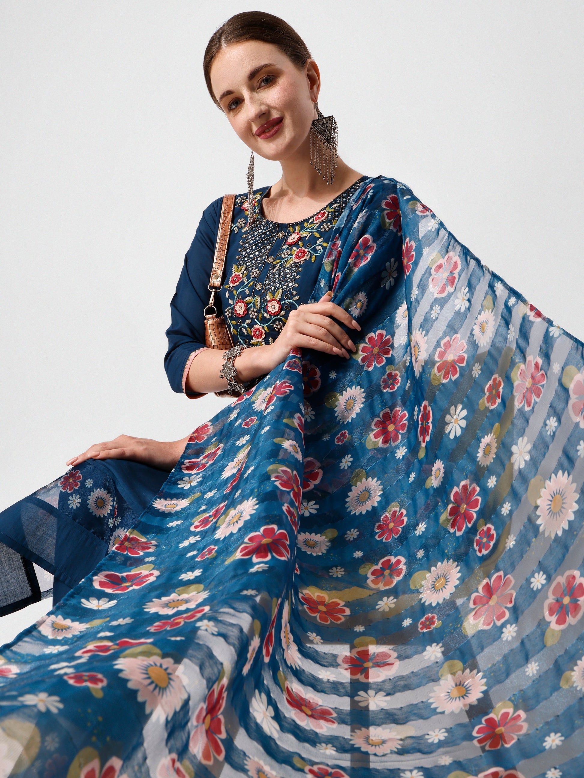 Embroidered Blue Kurta With Pant And Printed Dupatta Set, Multicolor - Hiral Fashion