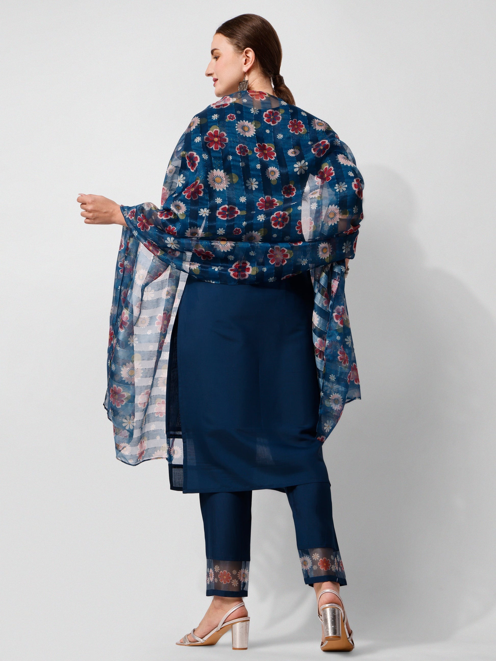 Embroidered Blue Kurta With Pant And Printed Dupatta Set, Multicolor - Hiral Fashion