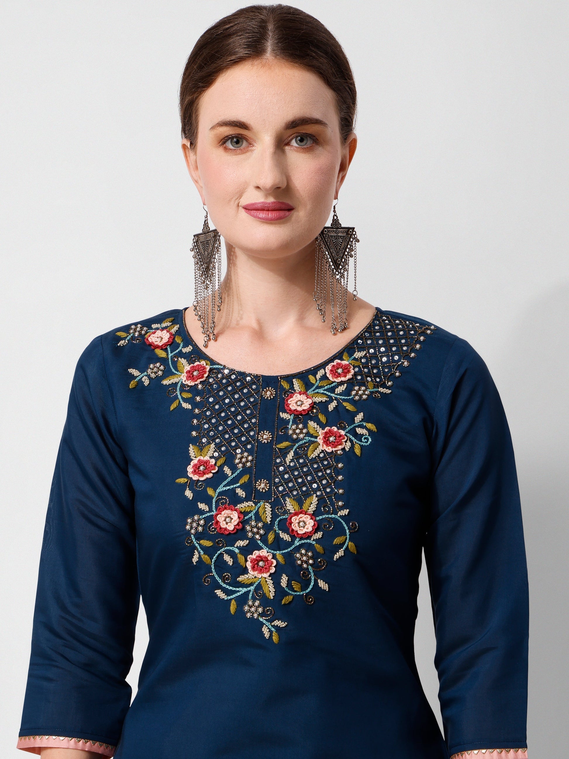 Embroidered Blue Kurta With Pant And Printed Dupatta Set, Multicolor - Hiral Fashion