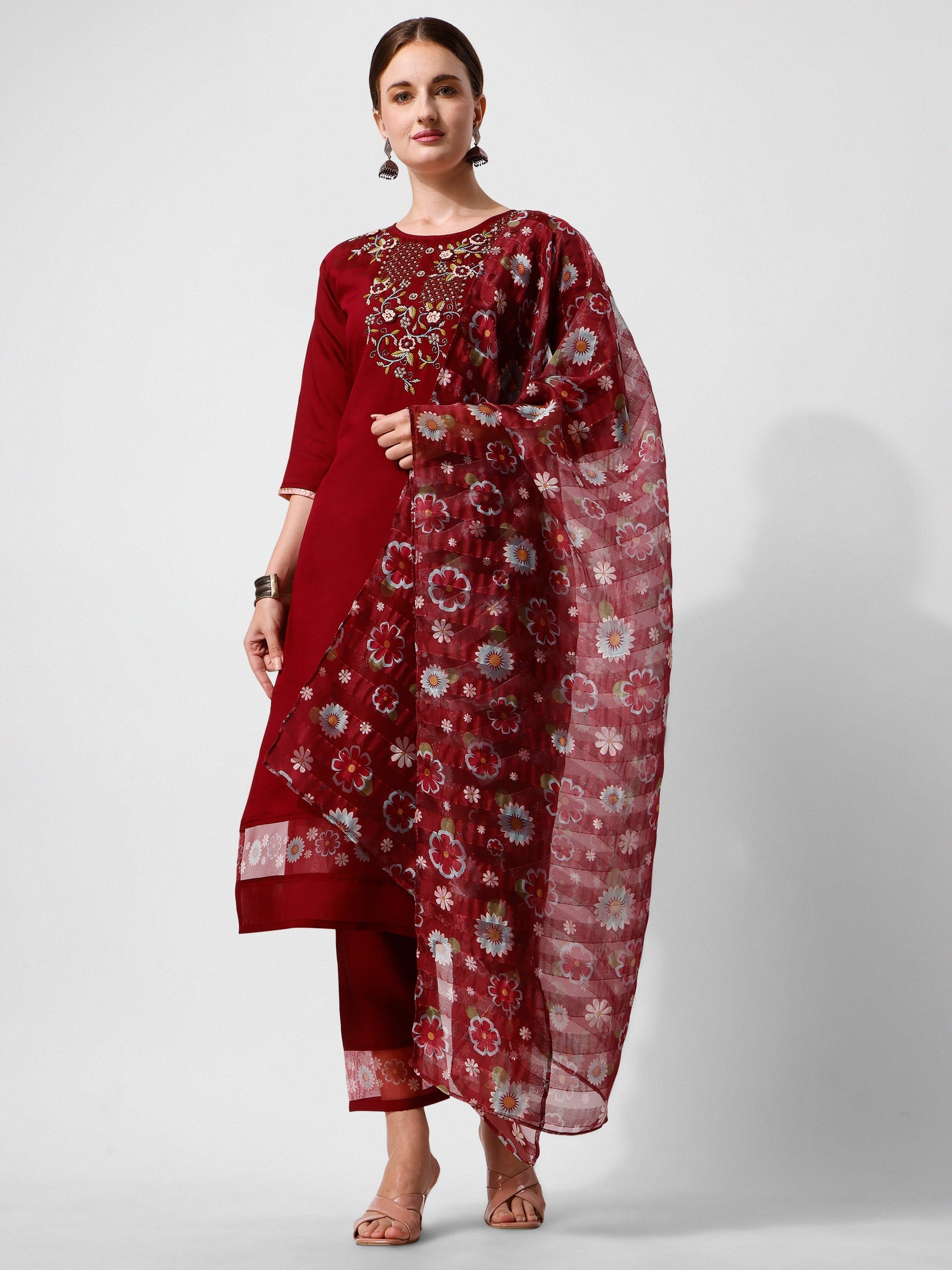Embroidered Kurta With Pant And Printed Dupattaset, Multicolor - Hiral Fashion