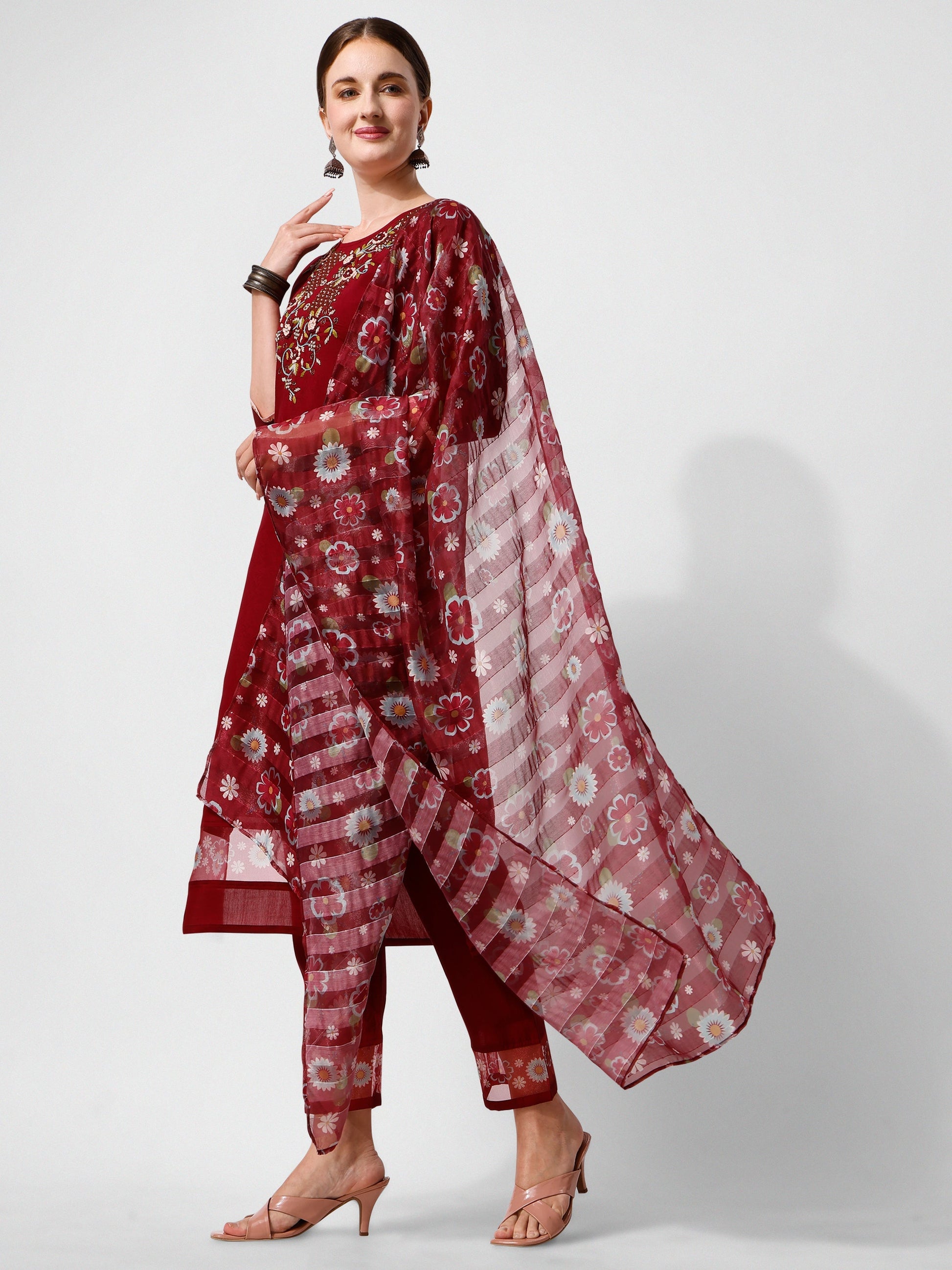 Embroidered Kurta With Pant And Printed Dupattaset, Multicolor - Hiral Fashion
