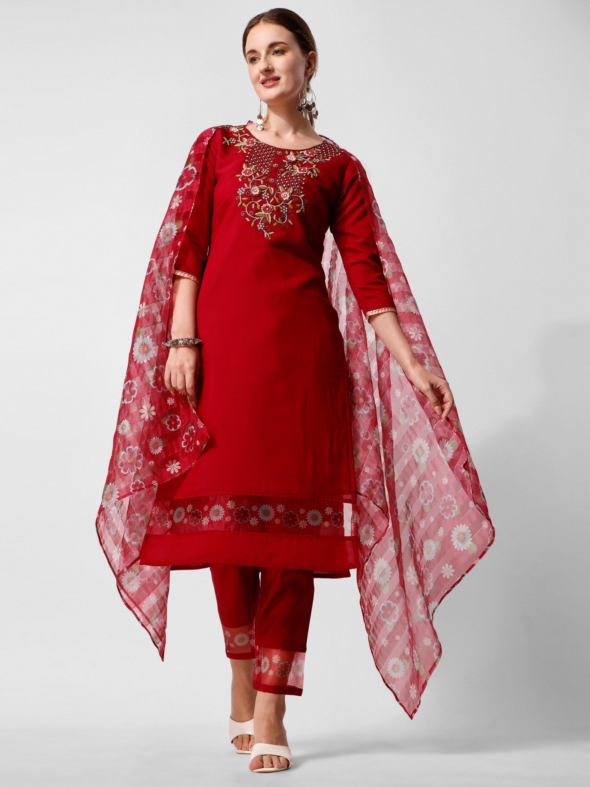 Embroidered Kurta With Pant And Printed Dupatta Set, Multicolor - Hiral Fashion