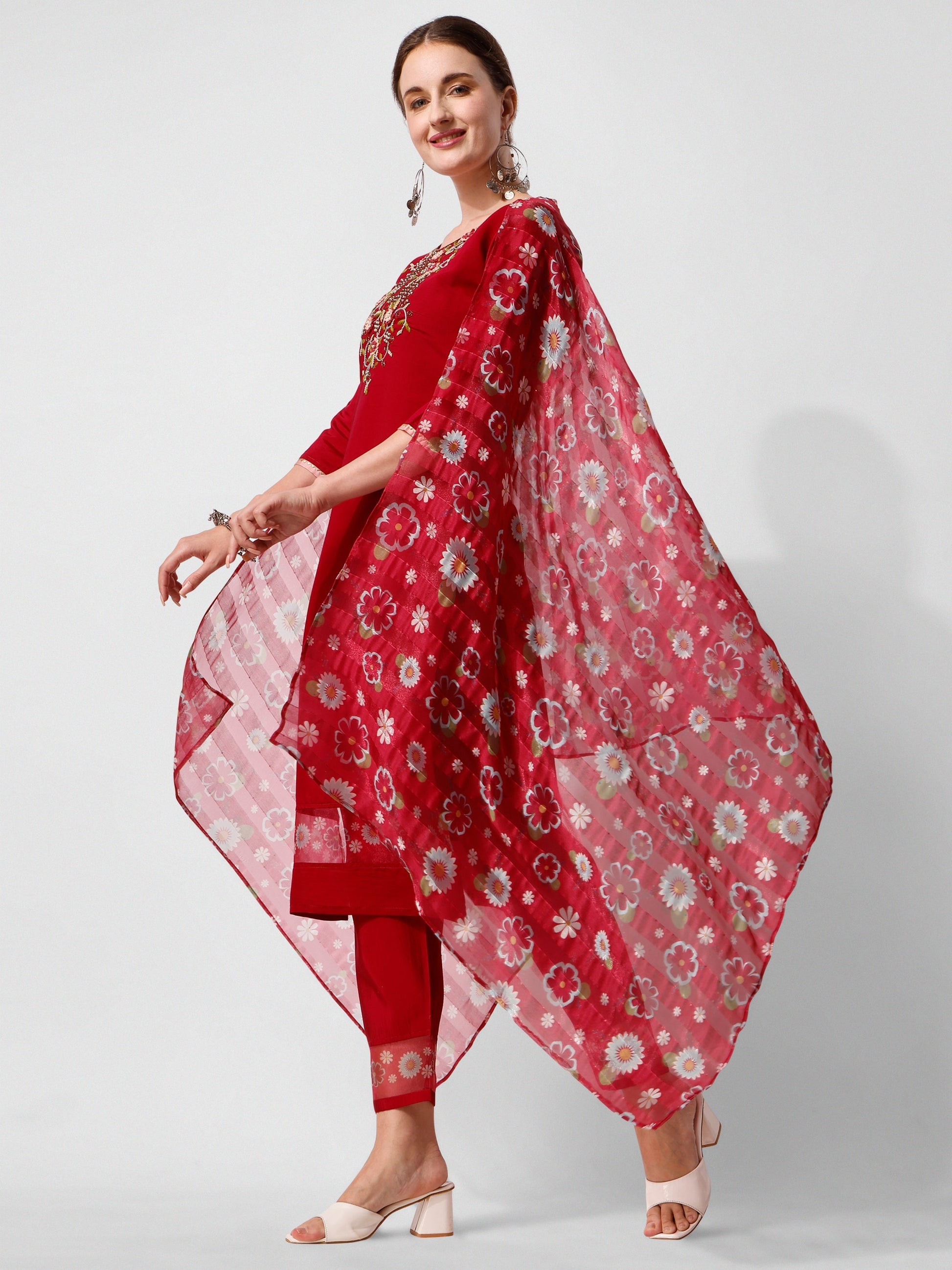 Embroidered Kurta With Pant And Printed Dupatta Set, Multicolor - Hiral Fashion