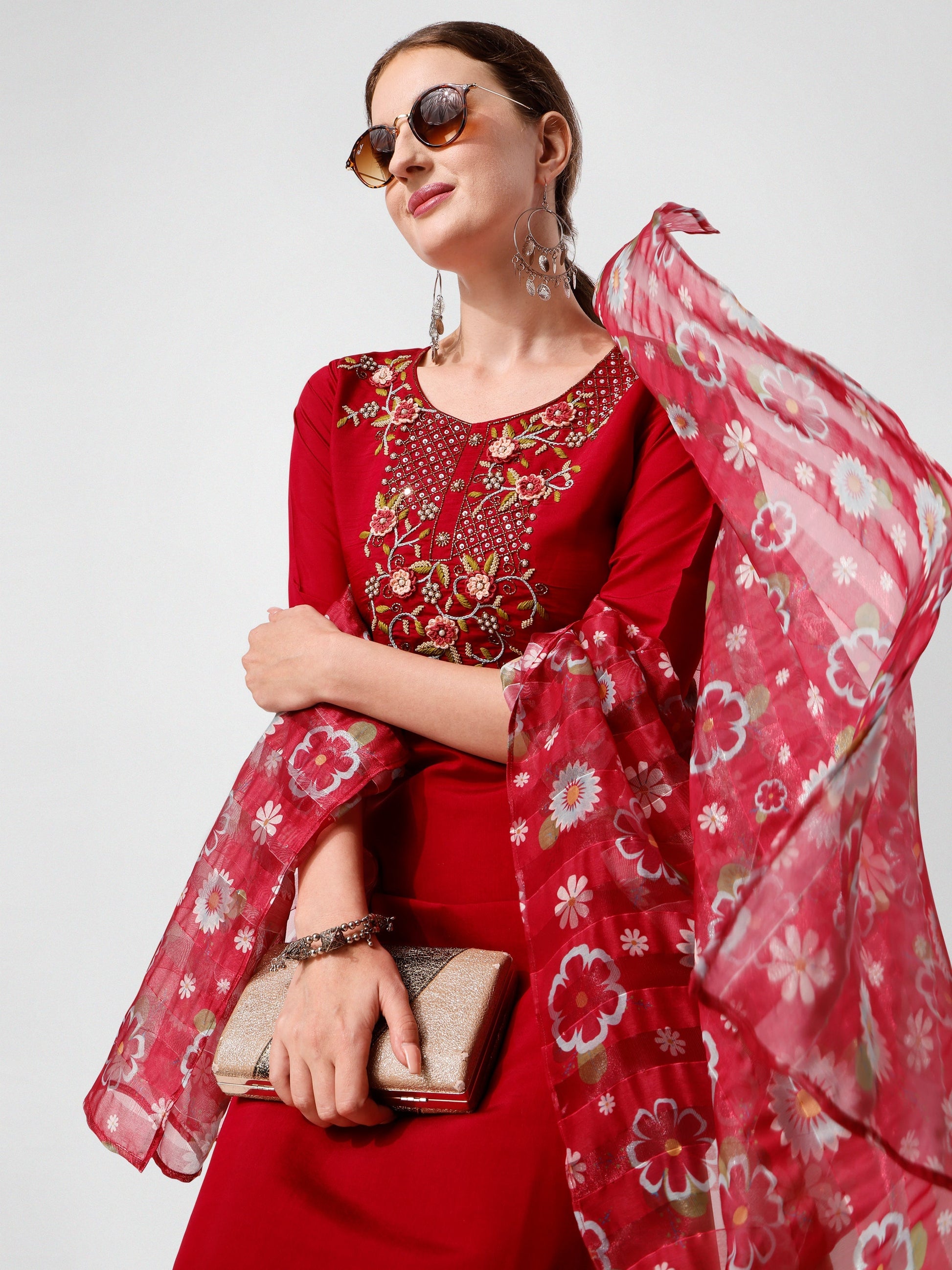 Embroidered Kurta With Pant And Printed Dupatta Set, Multicolor - Hiral Fashion