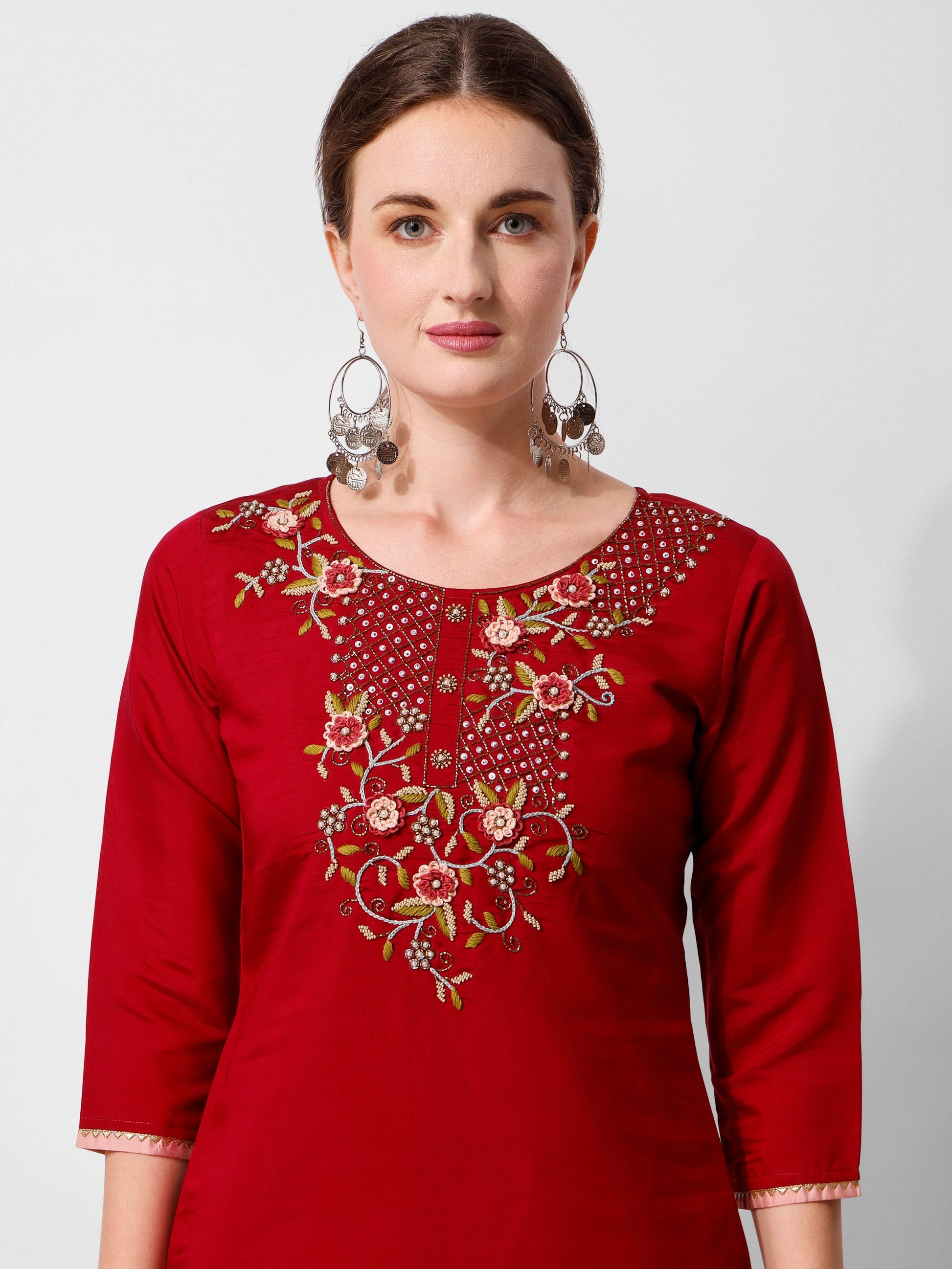 Embroidered Kurta With Pant And Printed Dupatta Set, Multicolor - Hiral Fashion