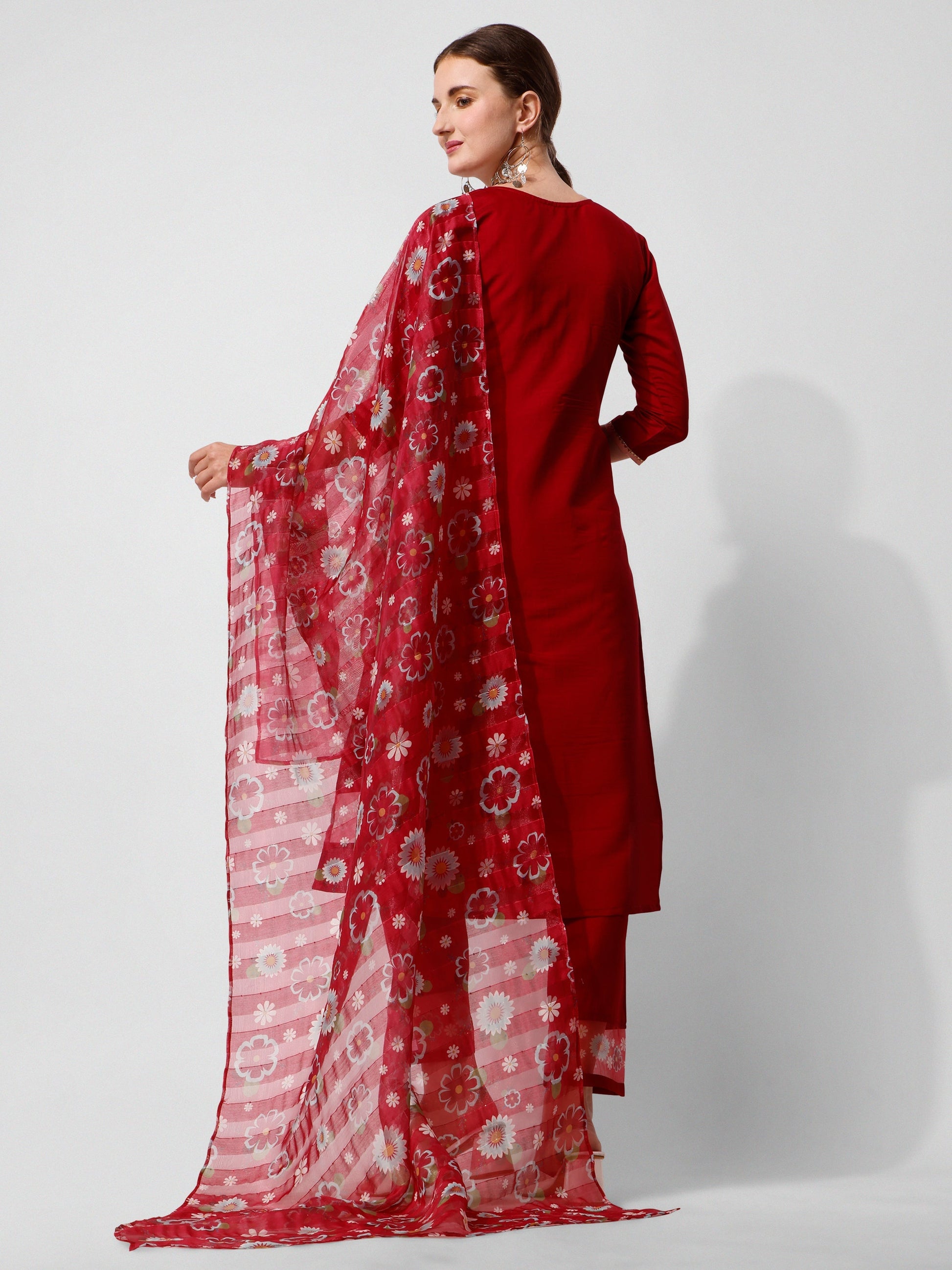 Embroidered Kurta With Pant And Printed Dupatta Set, Multicolor - Hiral Fashion
