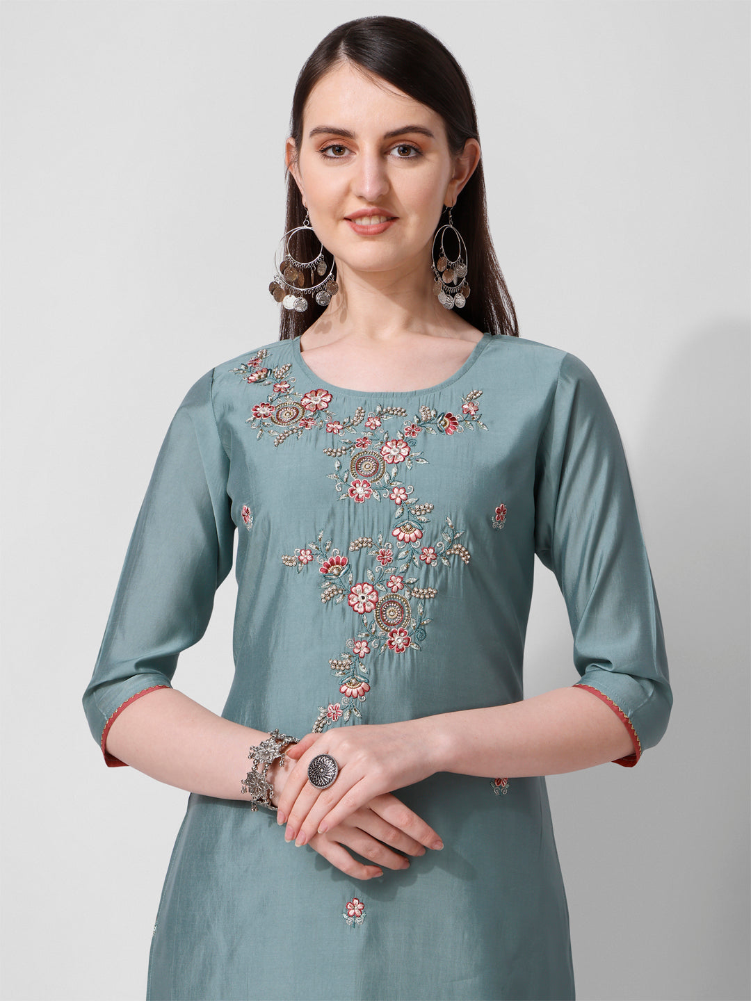 Blue Embroidered Kurta Pant & Printed Dupatta Set, Multicolor - Hiral Fashion