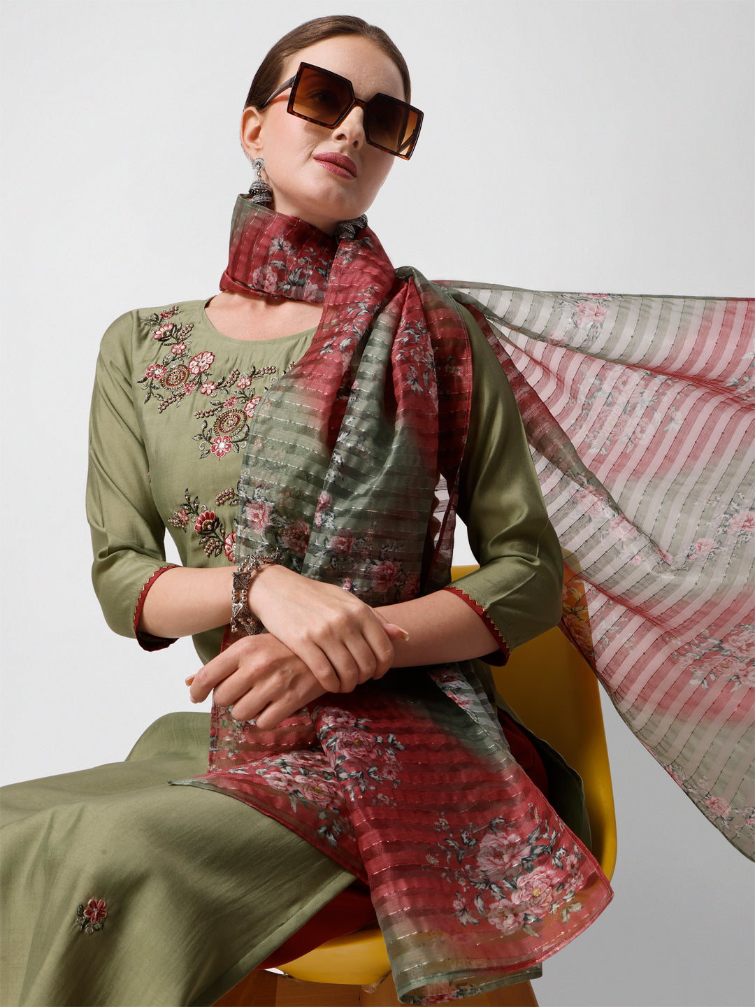 Green Embroidered Kurta Pant & Printed Dupatta Set, Multicolor - Hiral Fashion