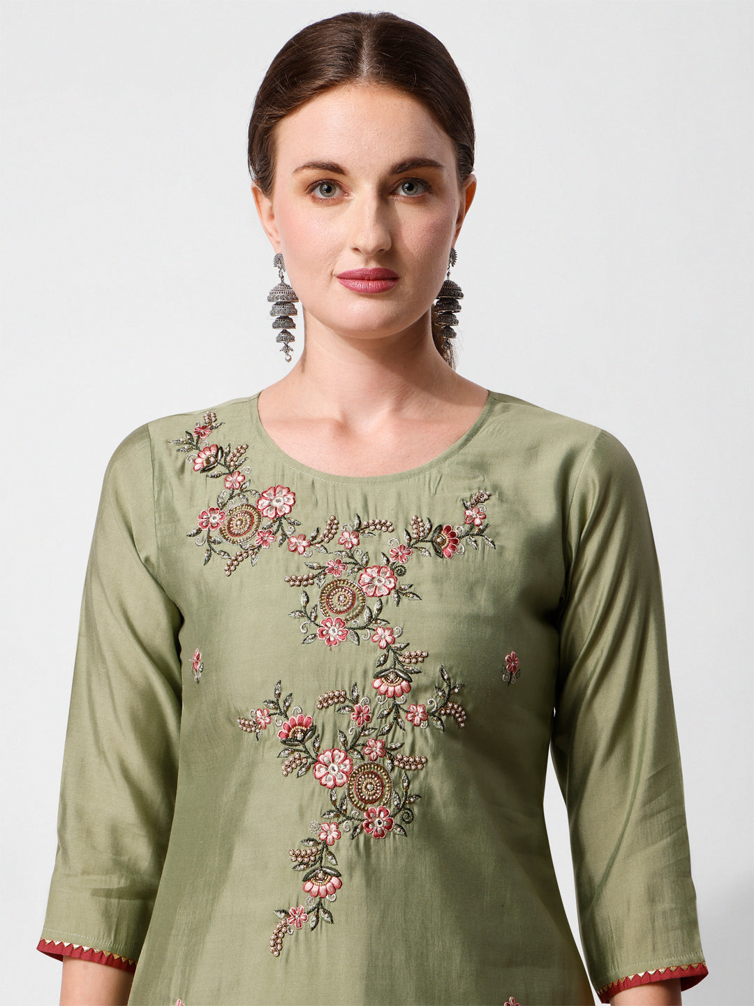 Green Embroidered Kurta Pant & Printed Dupatta Set, Multicolor - Hiral Fashion