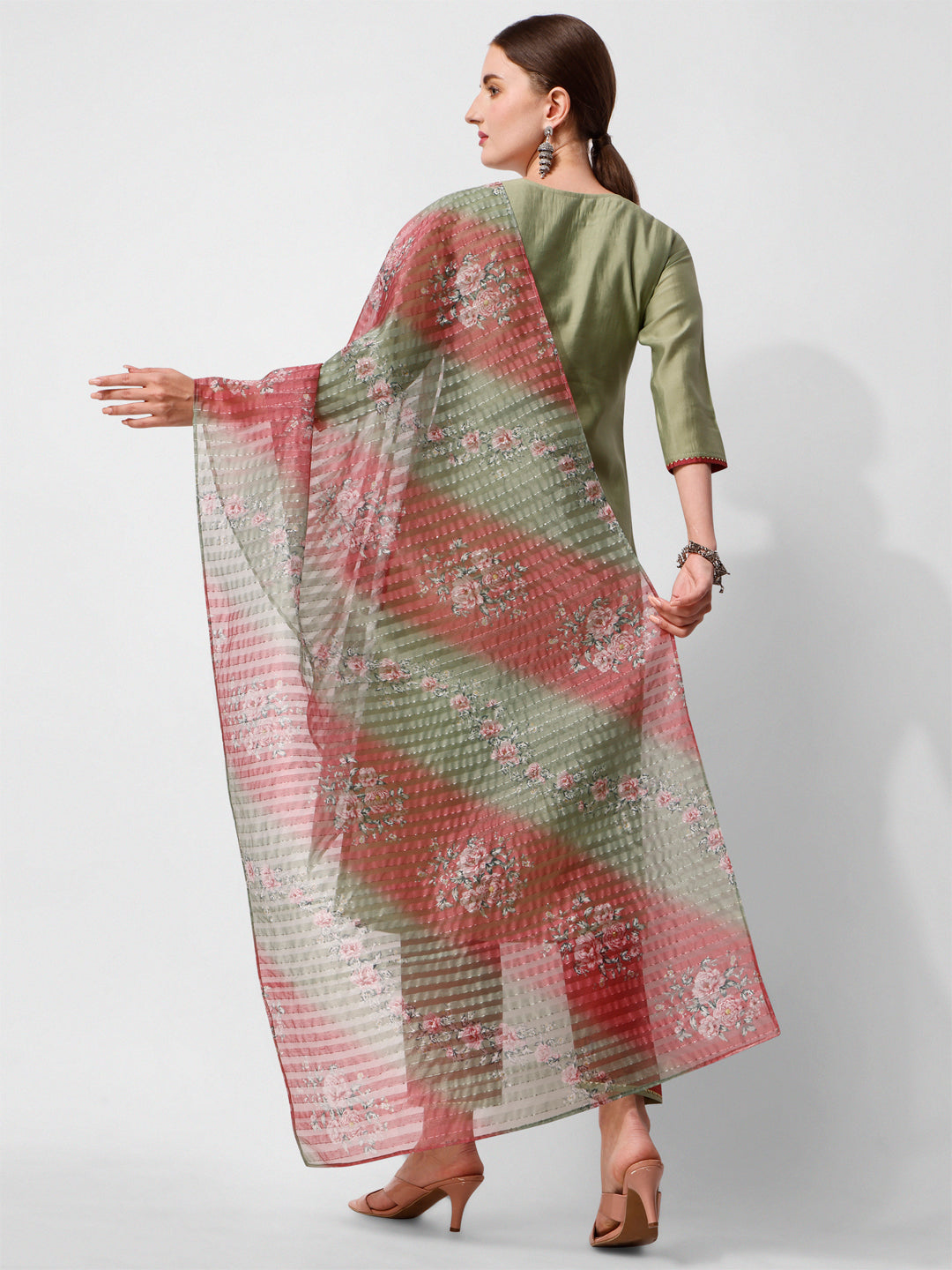 Green Embroidered Kurta Pant & Printed Dupatta Set, Multicolor - Hiral Fashion