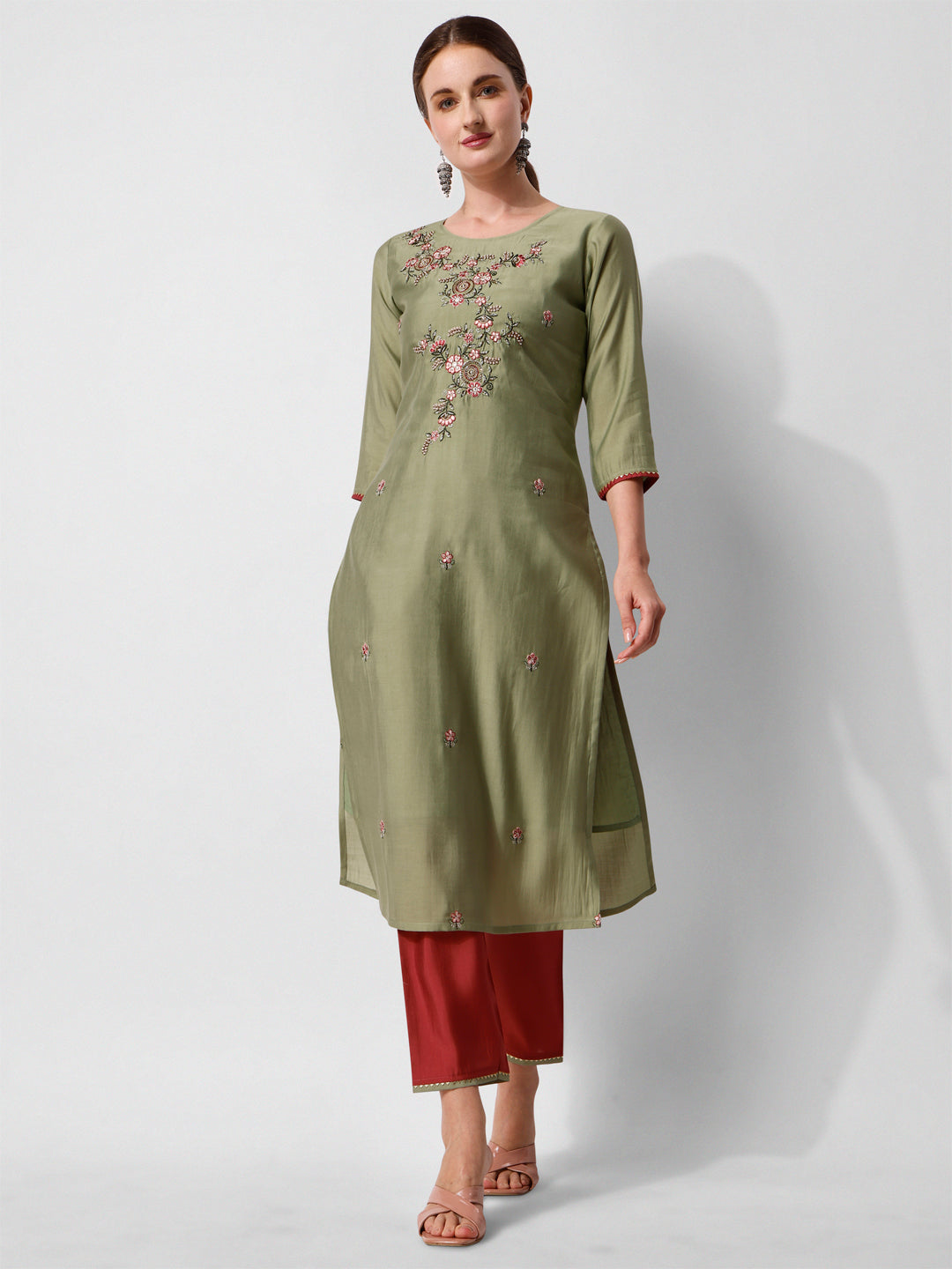 Green Embroidered Kurta Pant & Printed Dupatta Set, Multicolor - Hiral Fashion