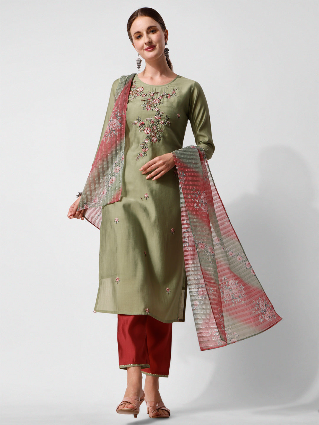 Green Embroidered Kurta Pant & Printed Dupatta Set, Multicolor - Hiral Fashion