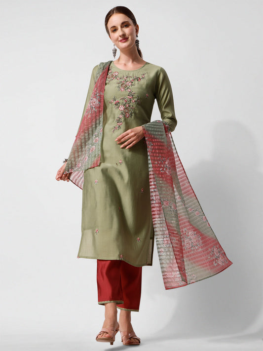 Green Embroidered Kurta Pant & Printed Dupatta Set, Multicolor - Hiral Fashion