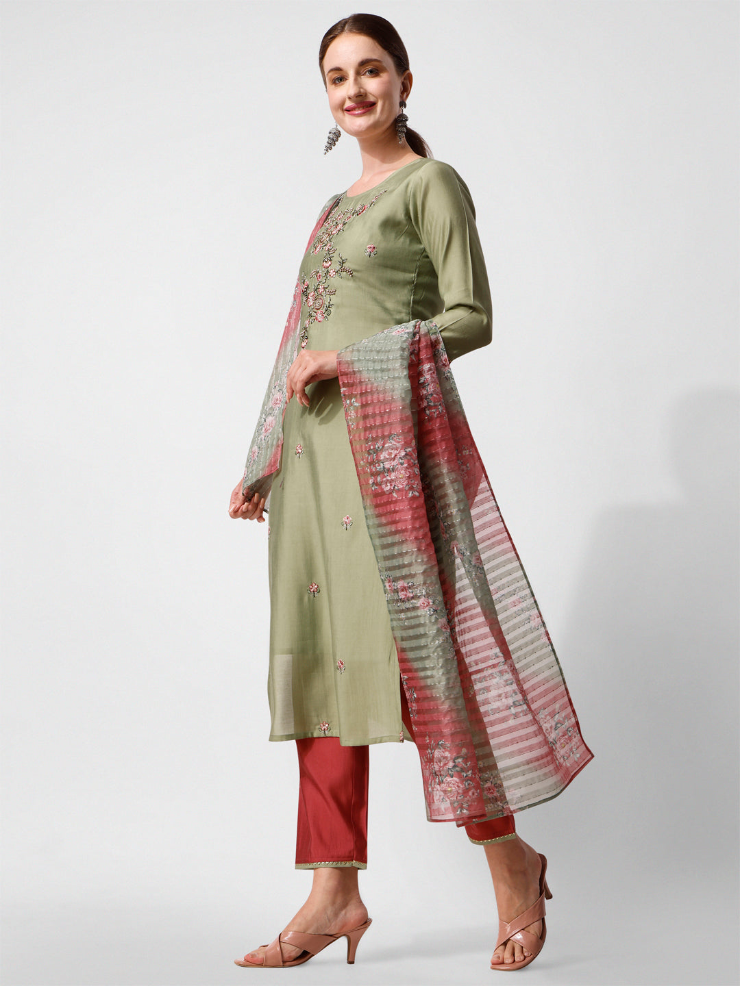 Green Embroidered Kurta Pant & Printed Dupatta Set, Multicolor - Hiral Fashion