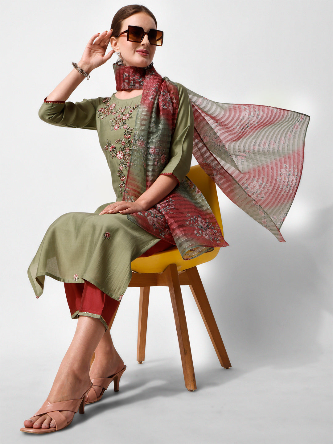 Green Embroidered Kurta Pant & Printed Dupatta Set, Multicolor - Hiral Fashion