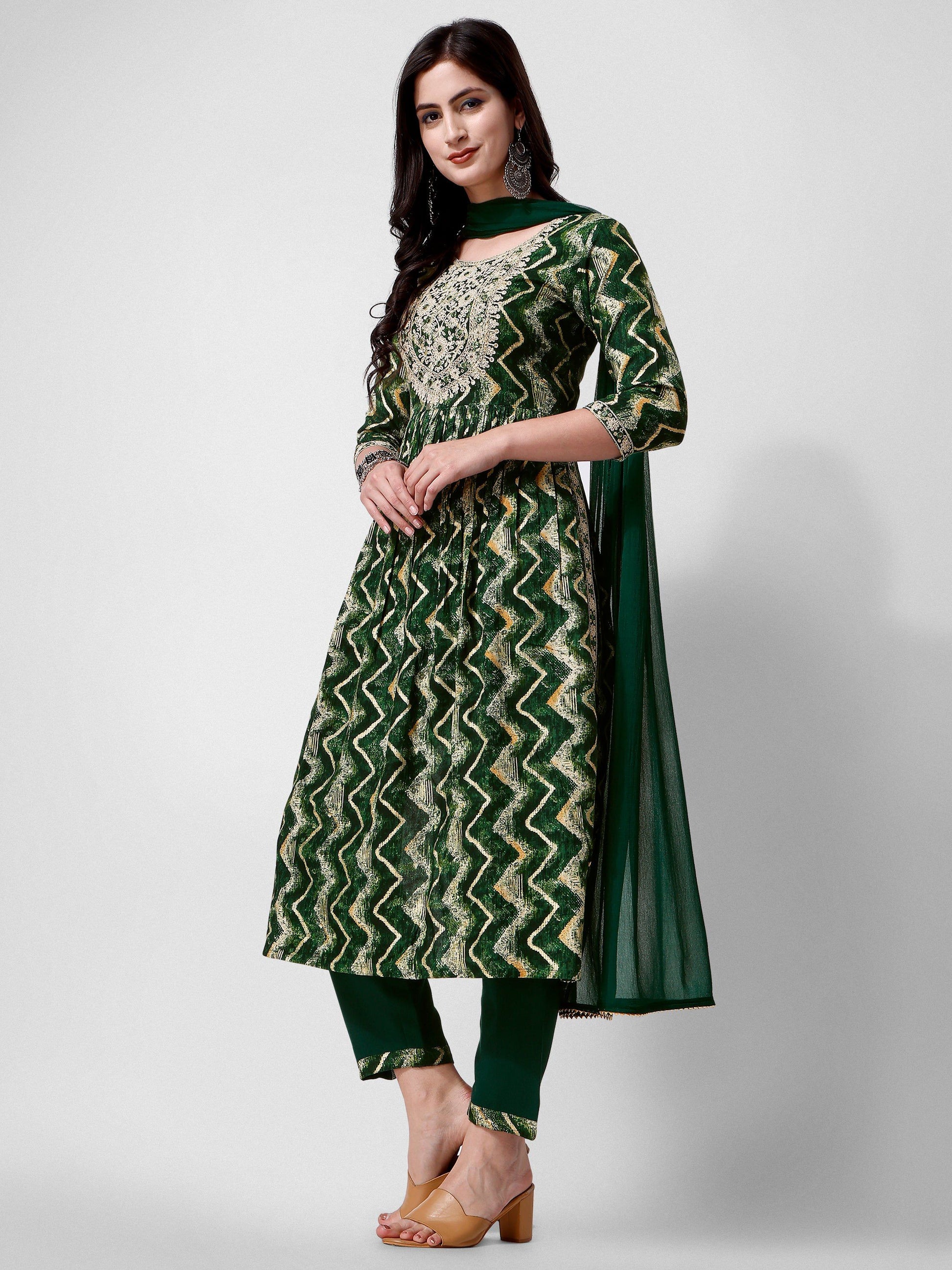 Nayra Cut Printed And Embroidered Kurta With Pant & Dupatta Set, Multicolor - Hiral Fashion