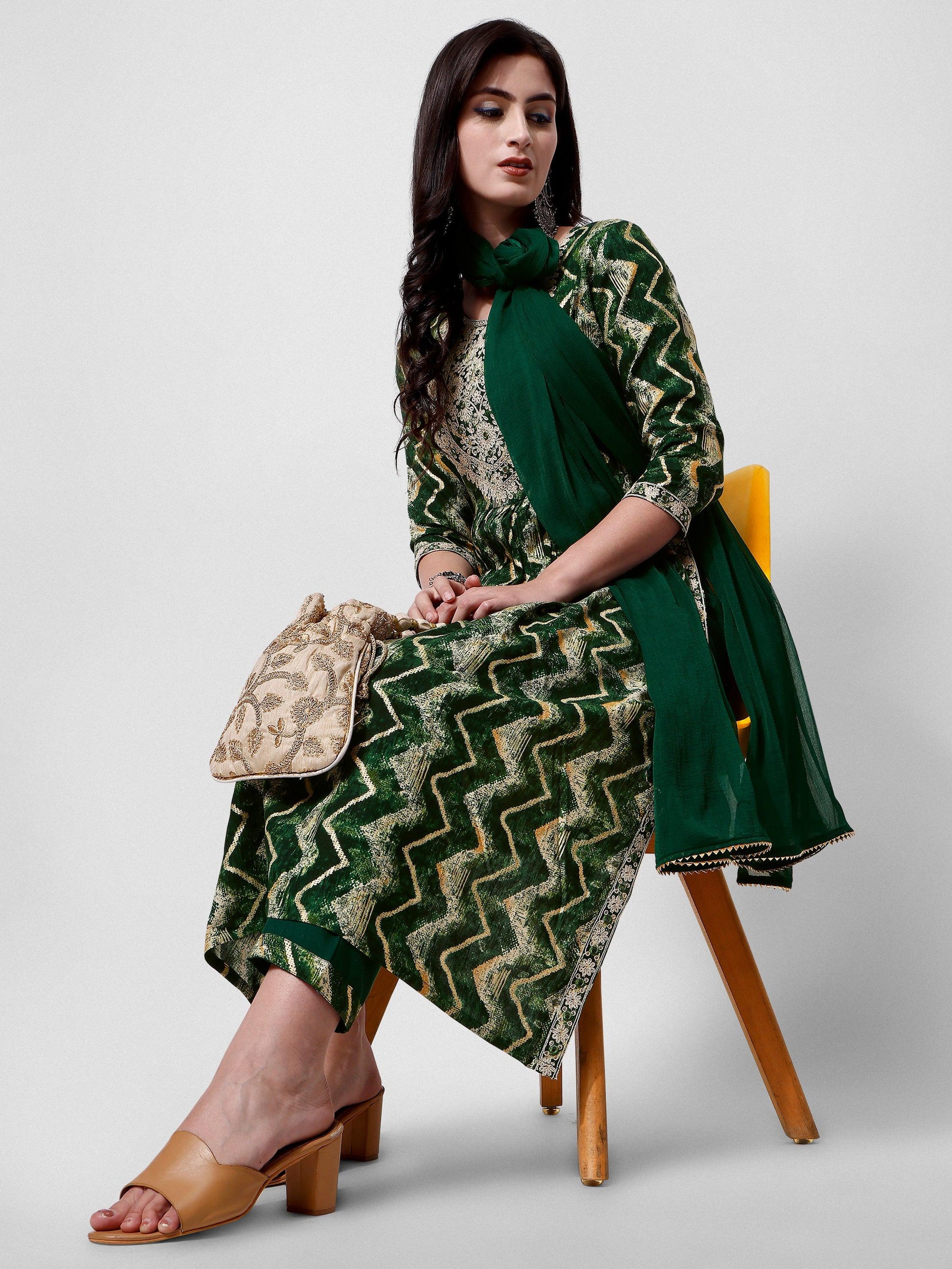Nayra Cut Printed And Embroidered Kurta With Pant & Dupatta Set, Multicolor - Hiral Fashion