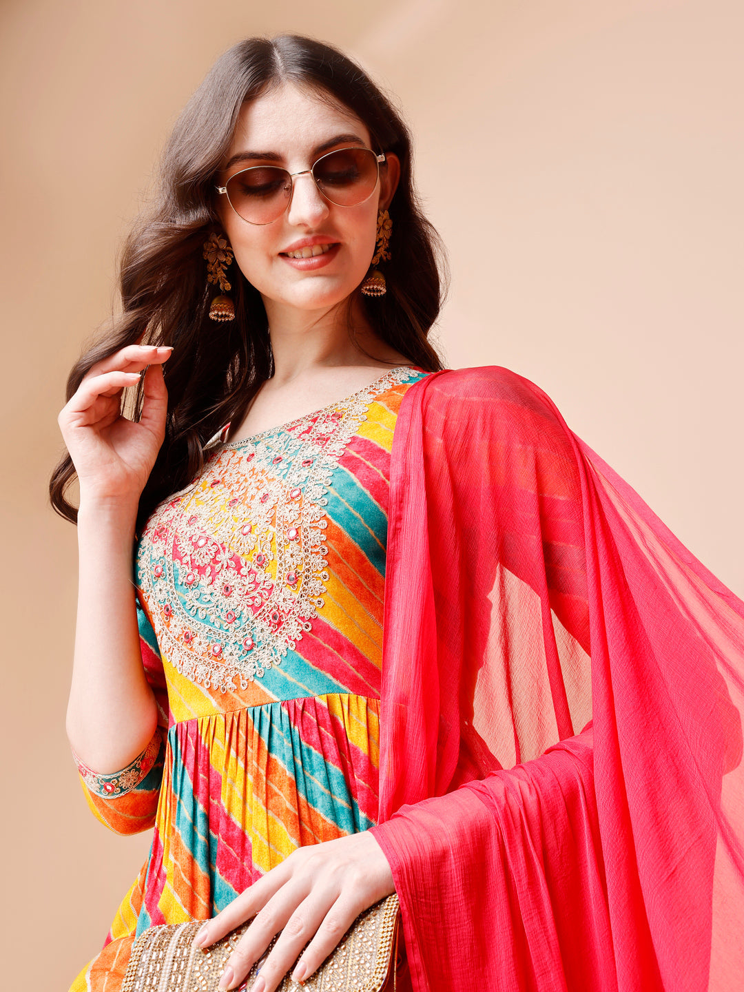 Nyra Cut Embroidered Multi Coloured Kurta With Pant & Dupatta, Multicolor - Hiral Fashion