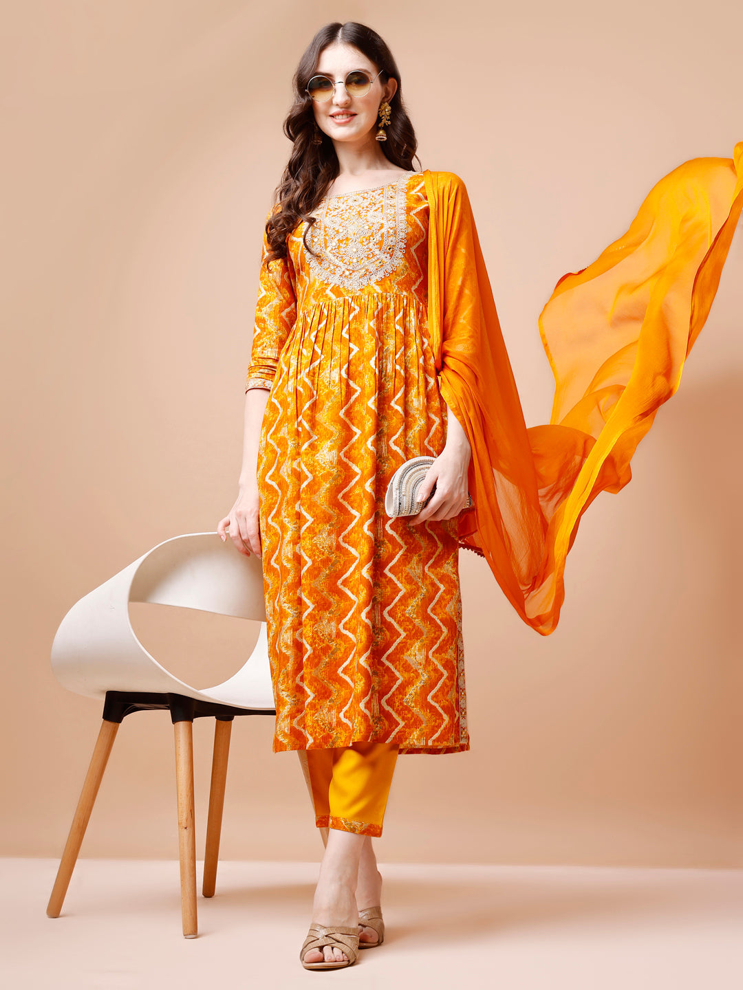 Nyra Cut Embroidered & Chevron Printed Kurta With Pant & Dupatta, Multicolor - Hiral Fashion