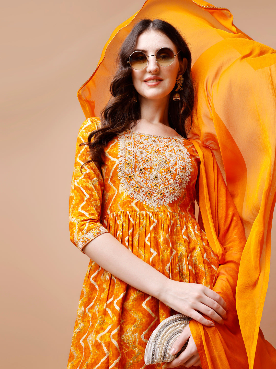 Nyra Cut Embroidered & Chevron Printed Kurta With Pant & Dupatta, Multicolor - Hiral Fashion