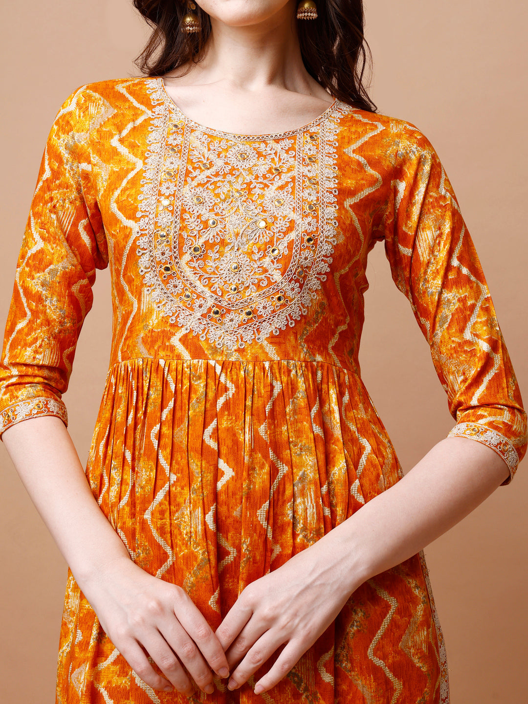 Nyra Cut Embroidered & Chevron Printed Kurta With Pant & Dupatta, Multicolor - Hiral Fashion