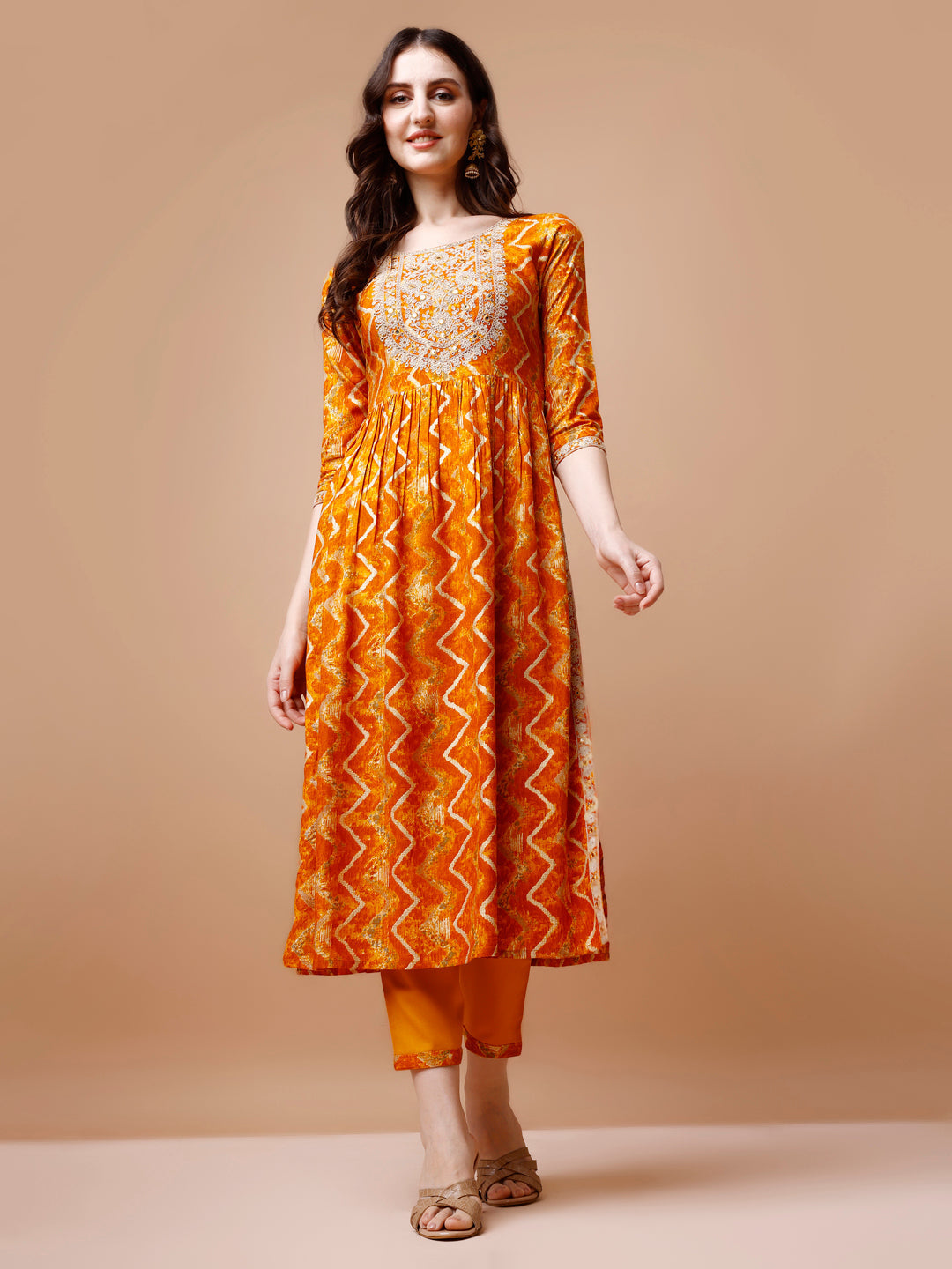 Nyra Cut Embroidered & Chevron Printed Kurta With Pant & Dupatta, Multicolor - Hiral Fashion